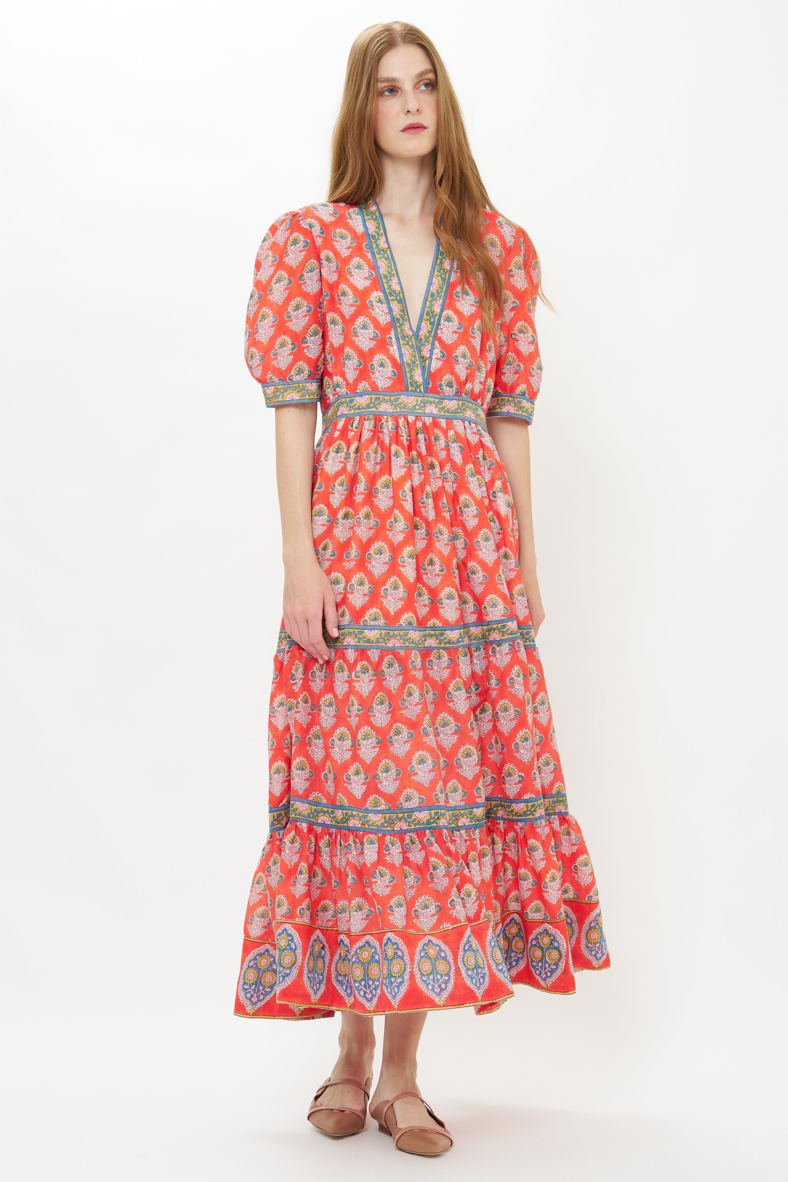 V-Neck Cuffed Maxi- Patna Red