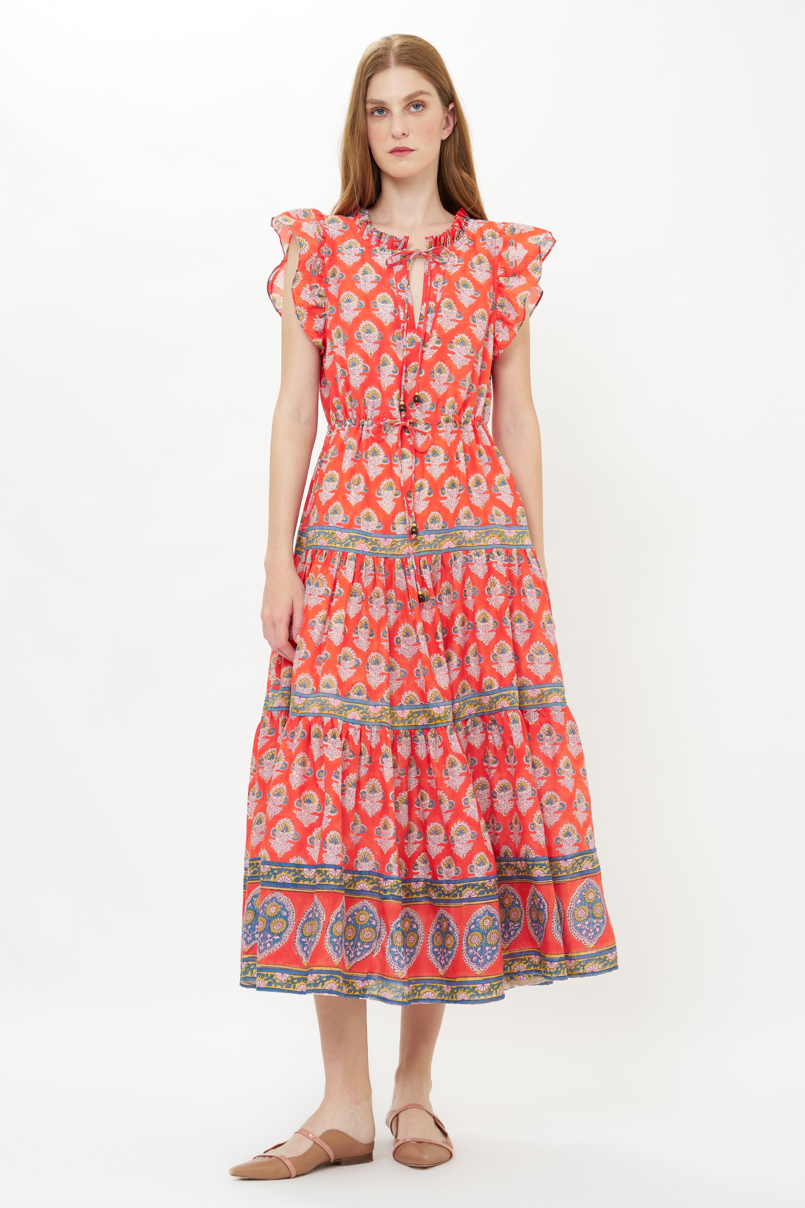 Cinched Flirty Midi- Patna Red