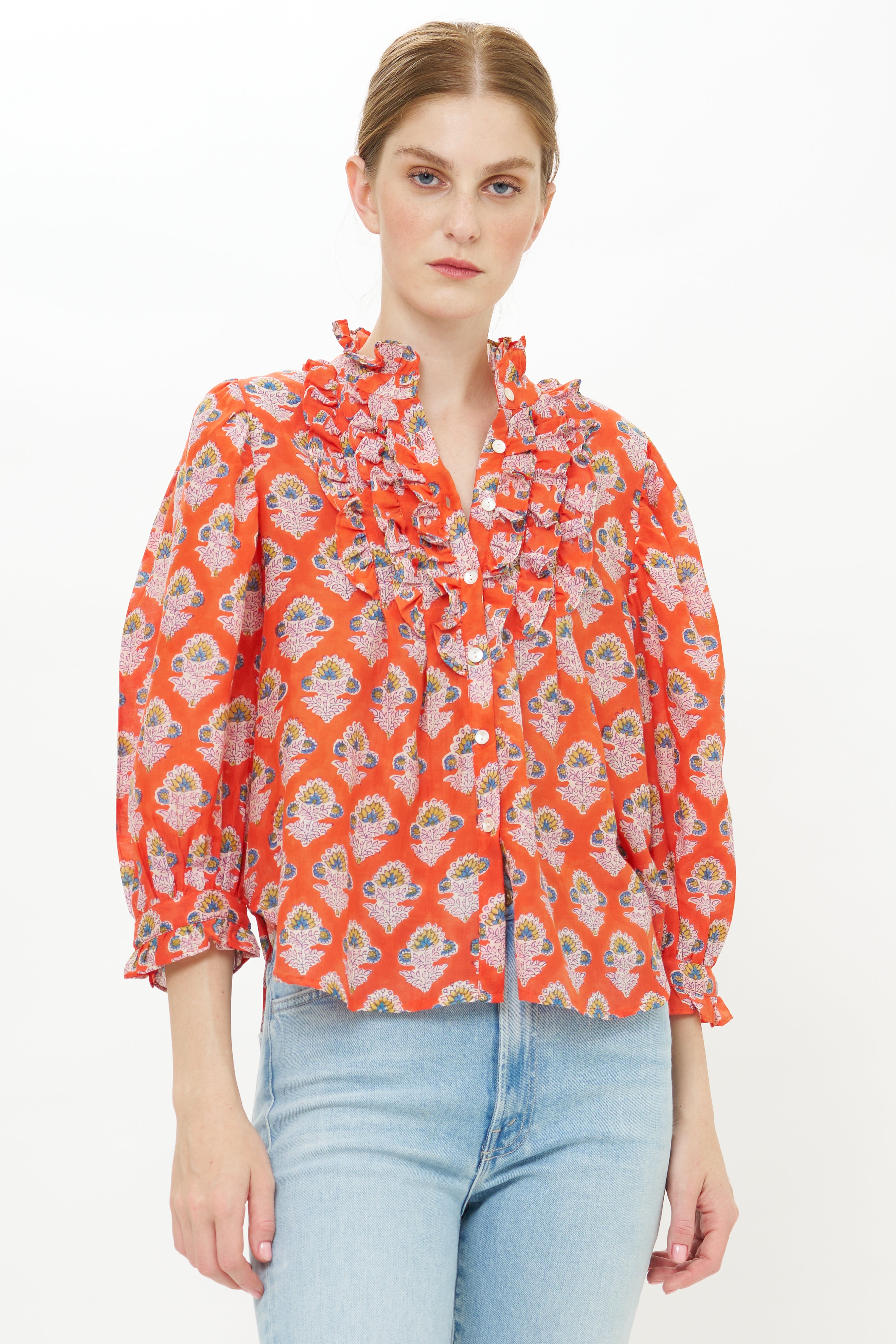Ruffle Front Button Blouse- Patna Red