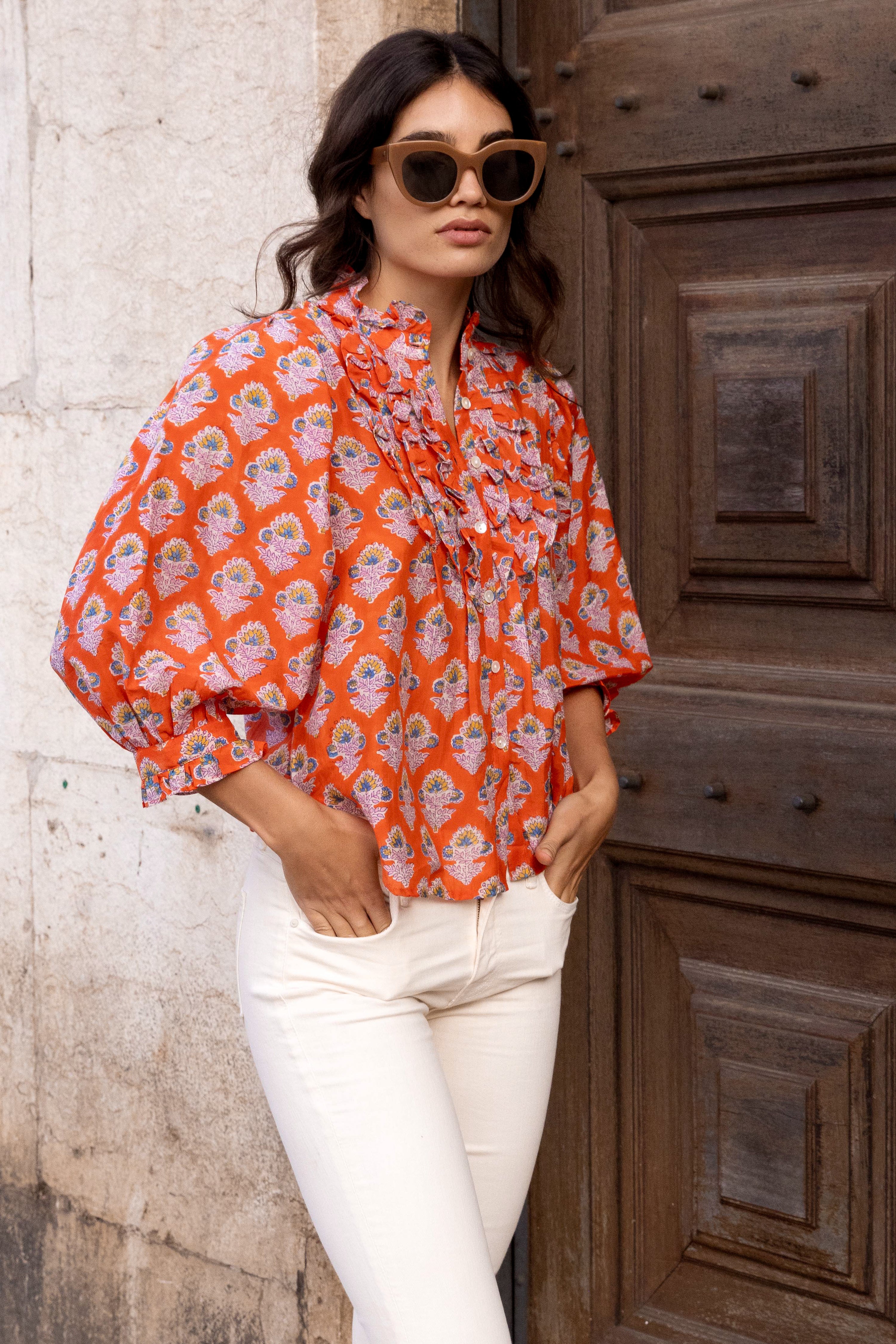 Ruffle Front Button Blouse- Patna Red