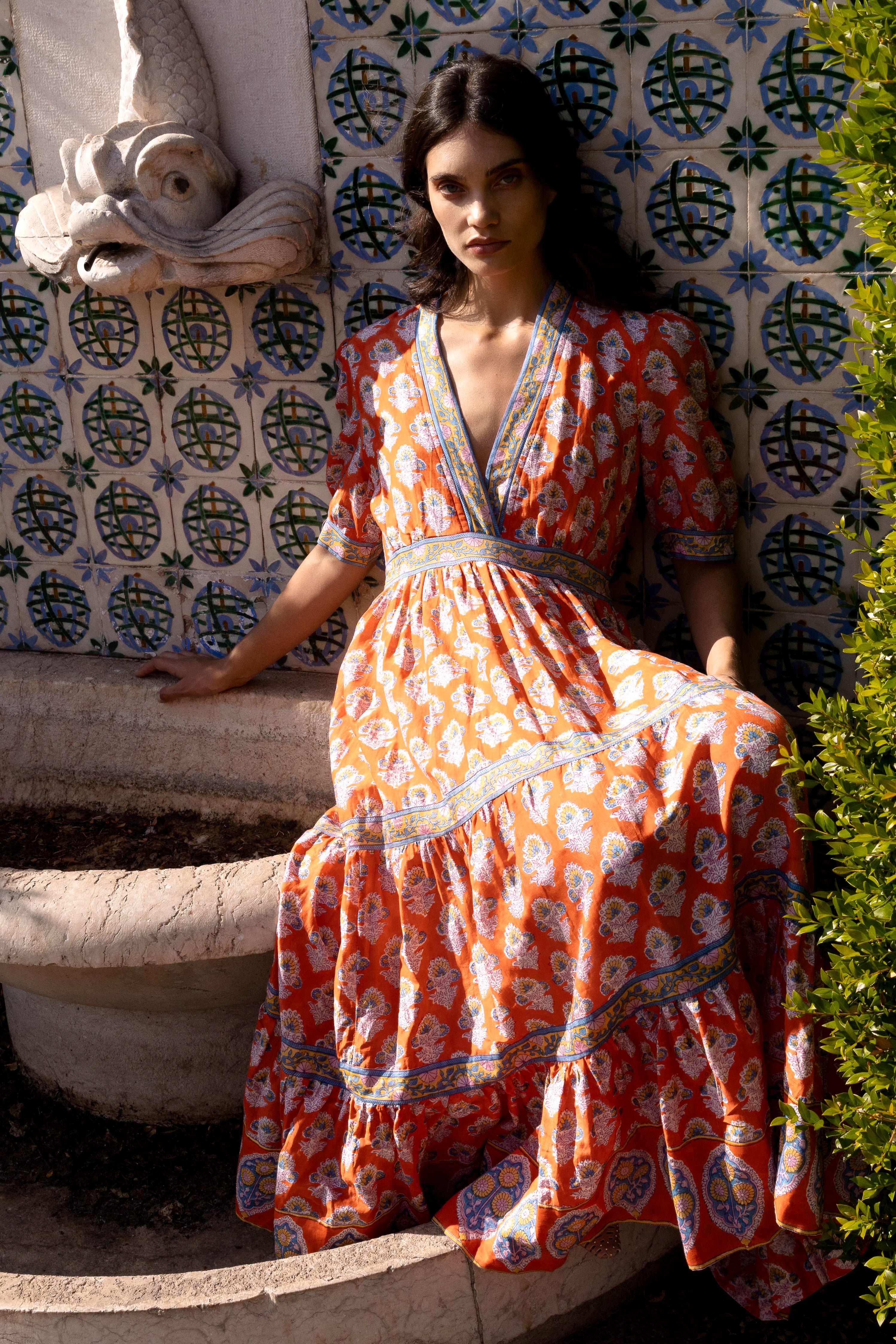 V-Neck Cuffed Maxi- Patna Red