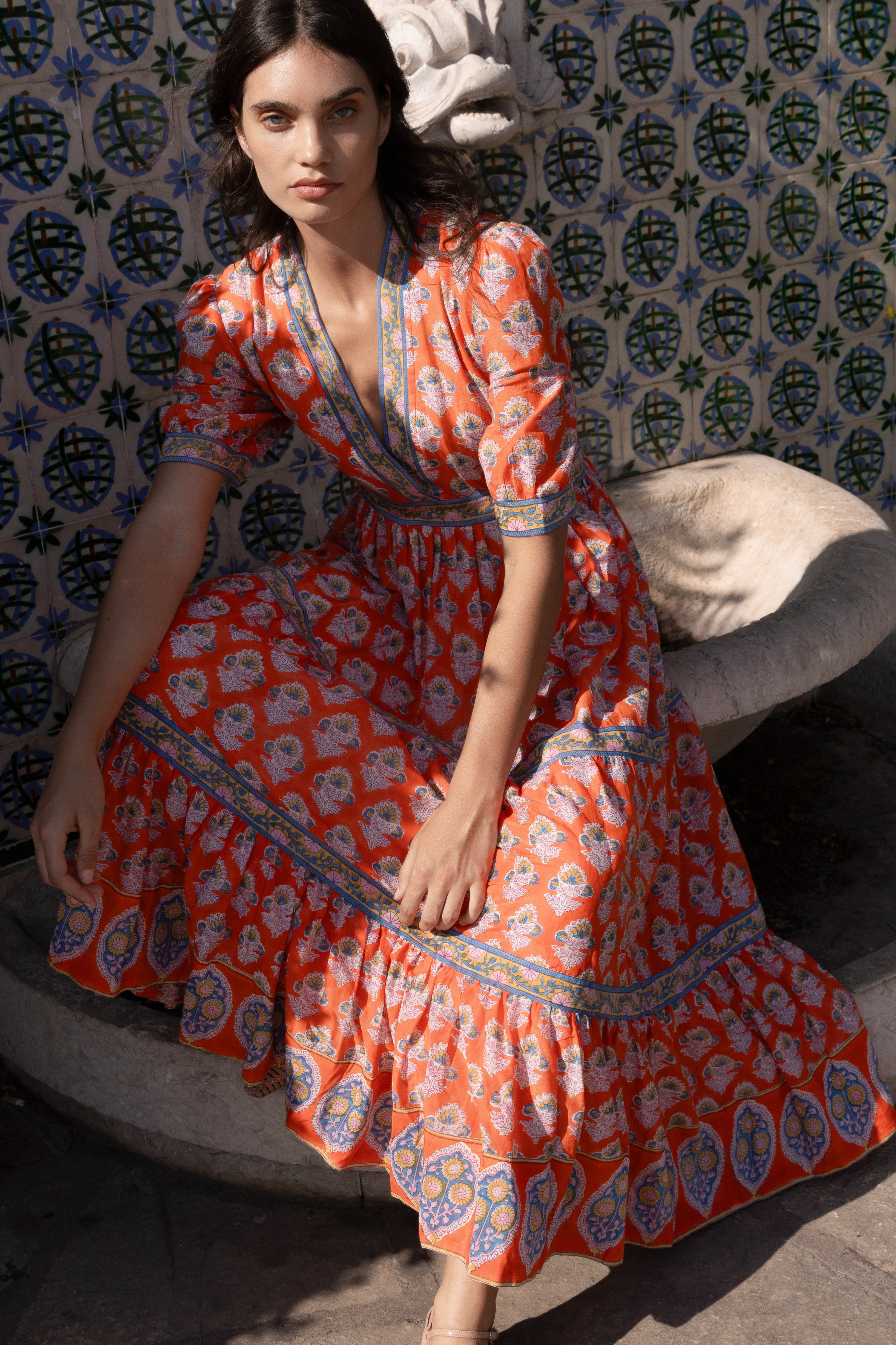 V-Neck Cuffed Maxi- Patna Red