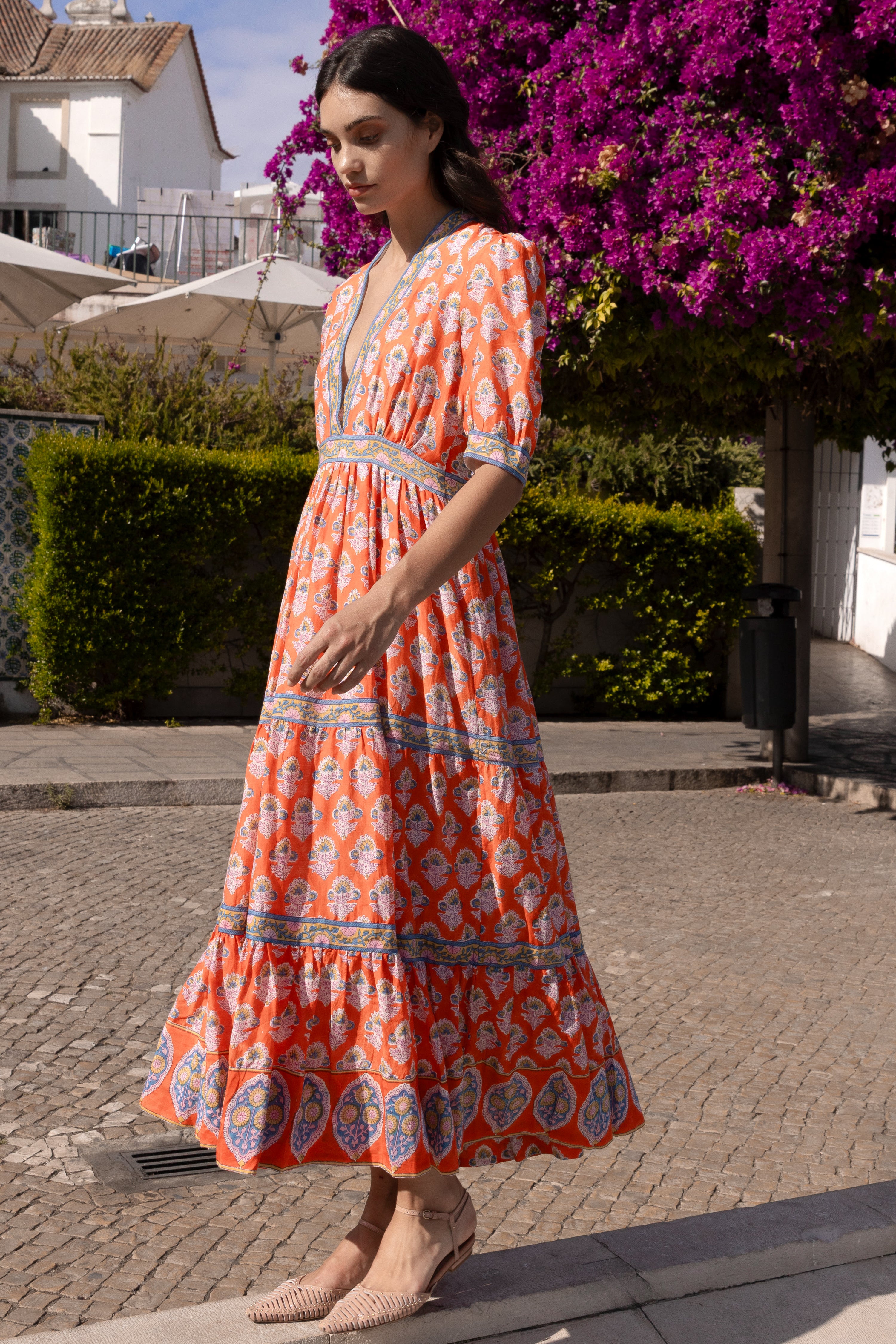 V-Neck Cuffed Maxi- Patna Red
