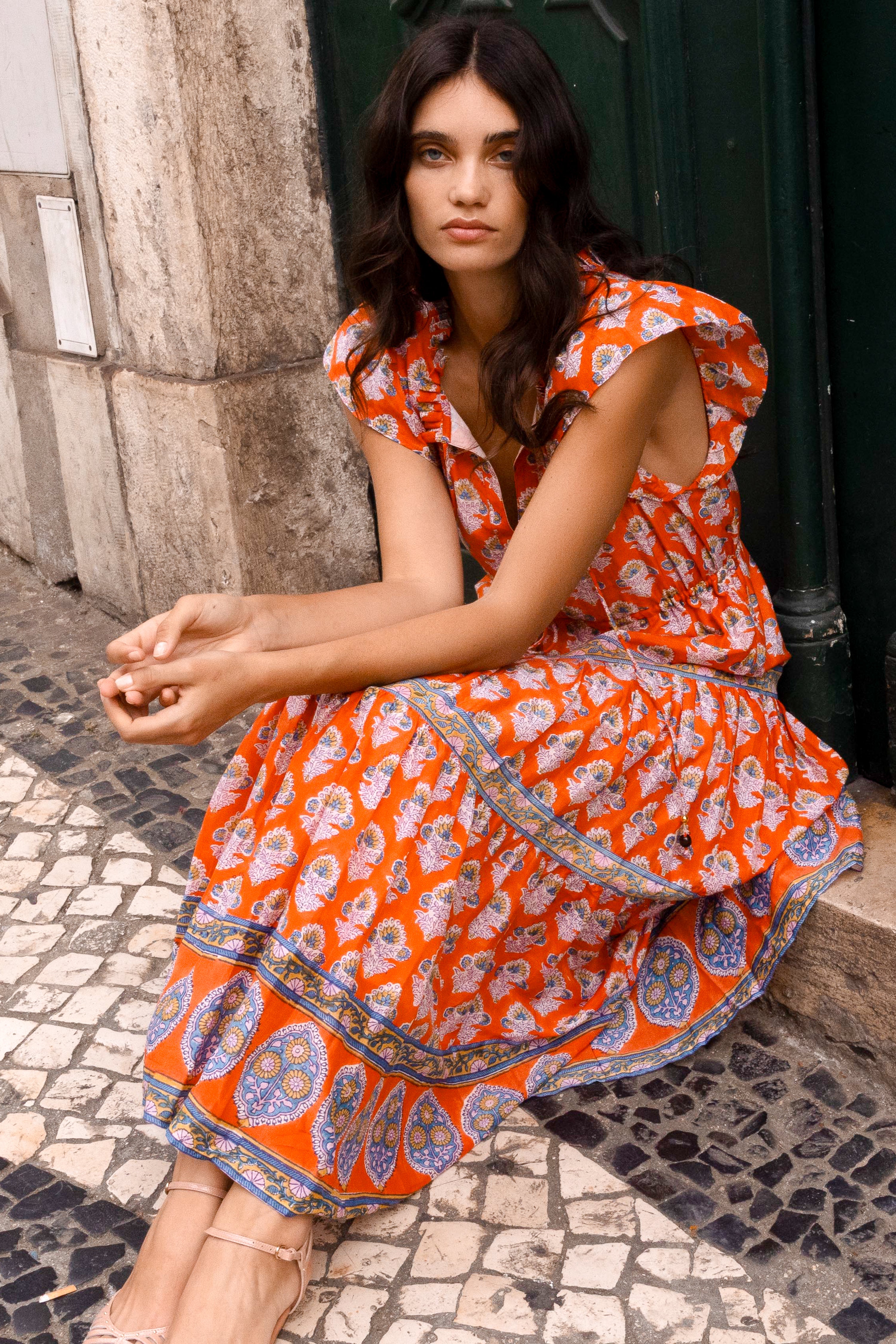 Cinched Flirty Midi- Patna Red
