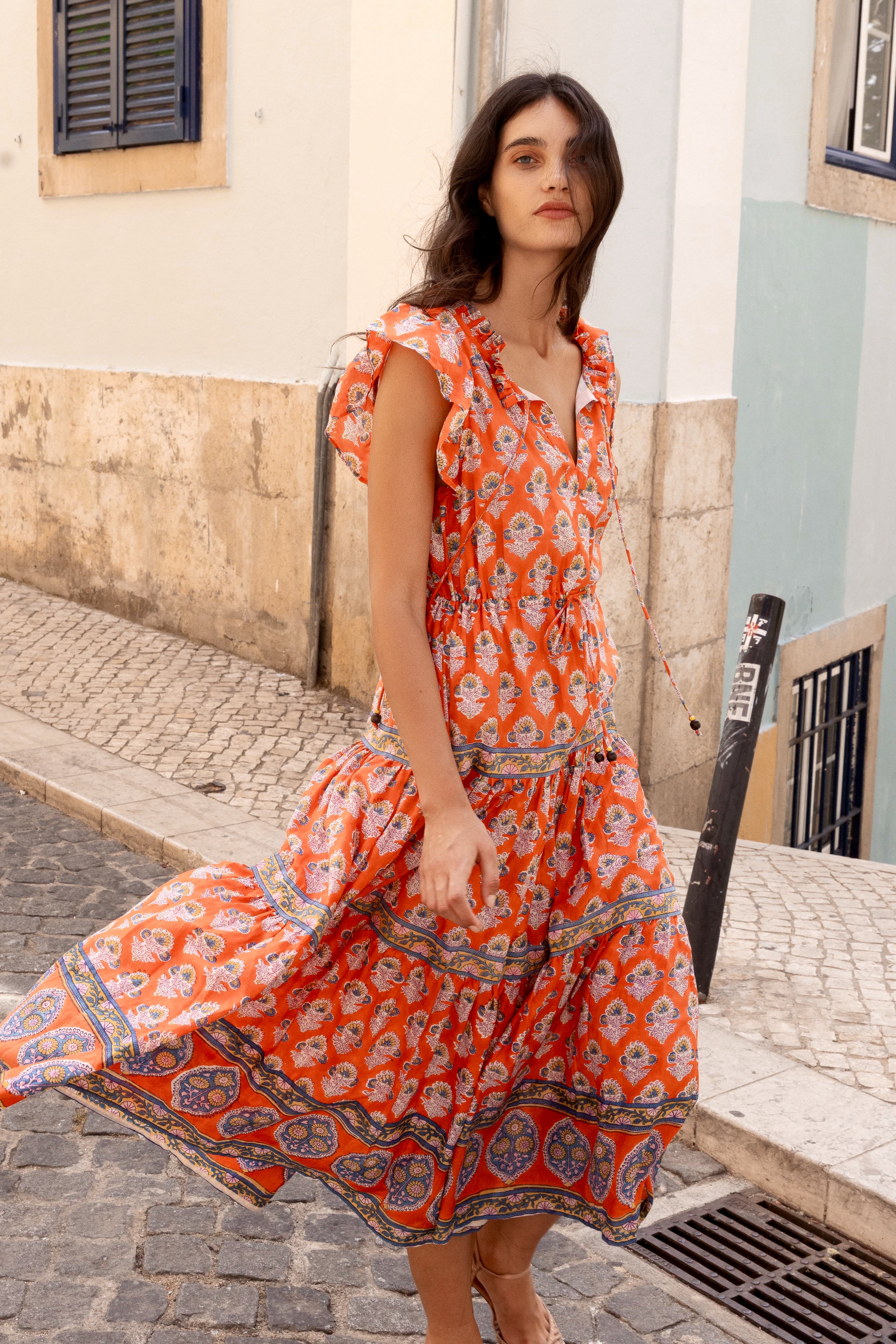 Cinched Flirty Midi- Patna Red