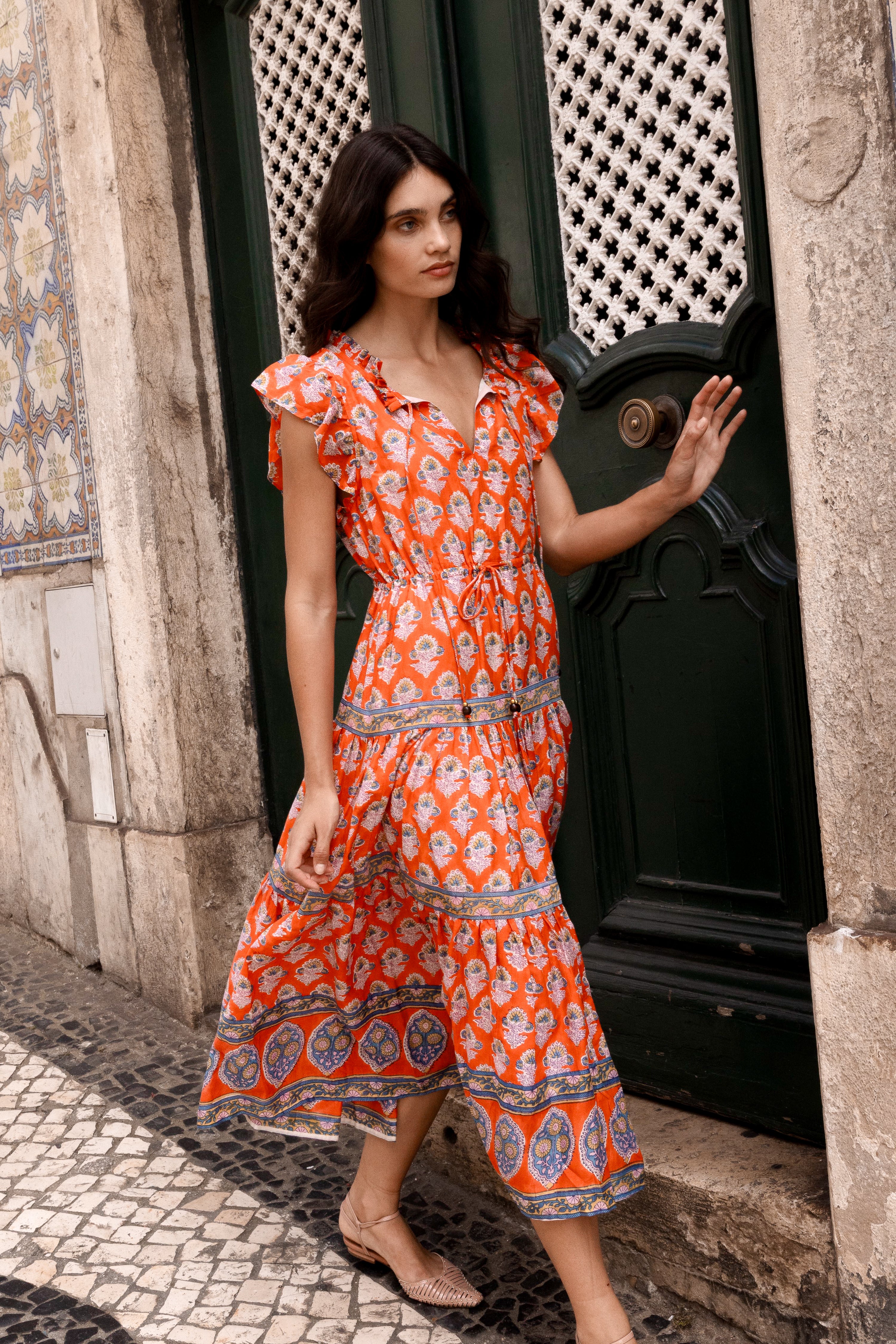 Cinched Flirty Midi- Patna Red