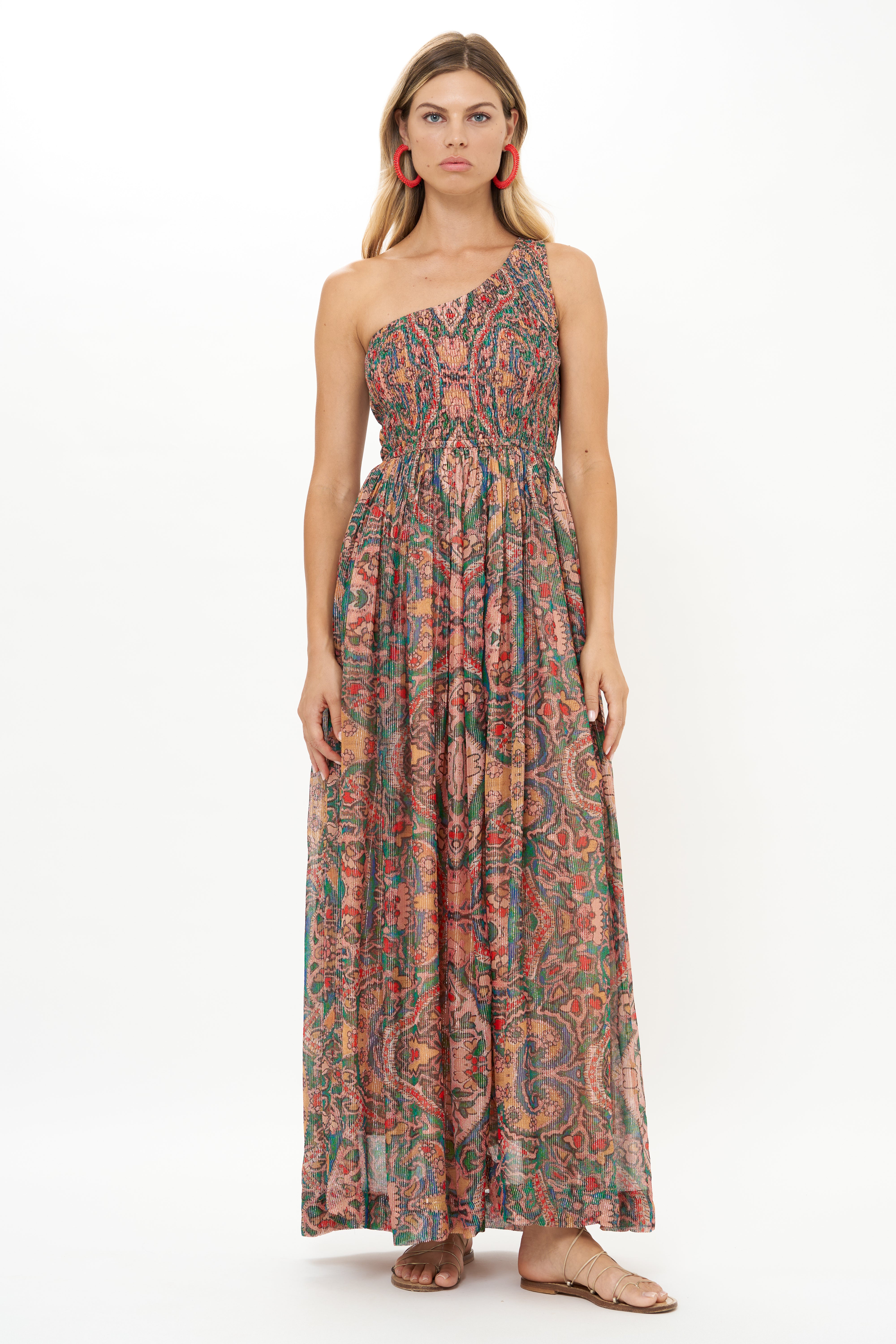 One Shoulder Smocked Maxi- Persia Aqua