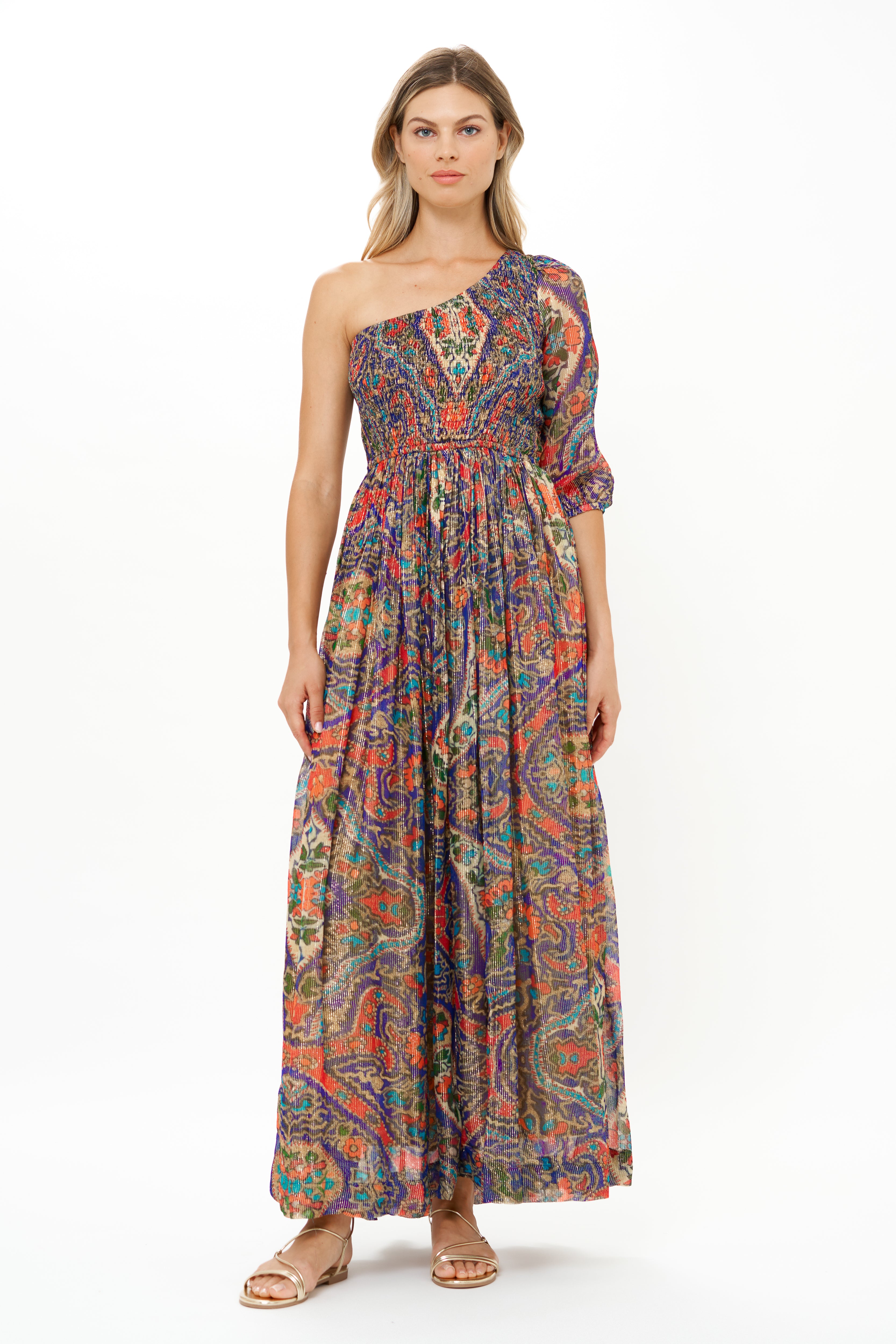 Puff Sleeve One Shoulder Smocked Maxi- Persia Cobalt