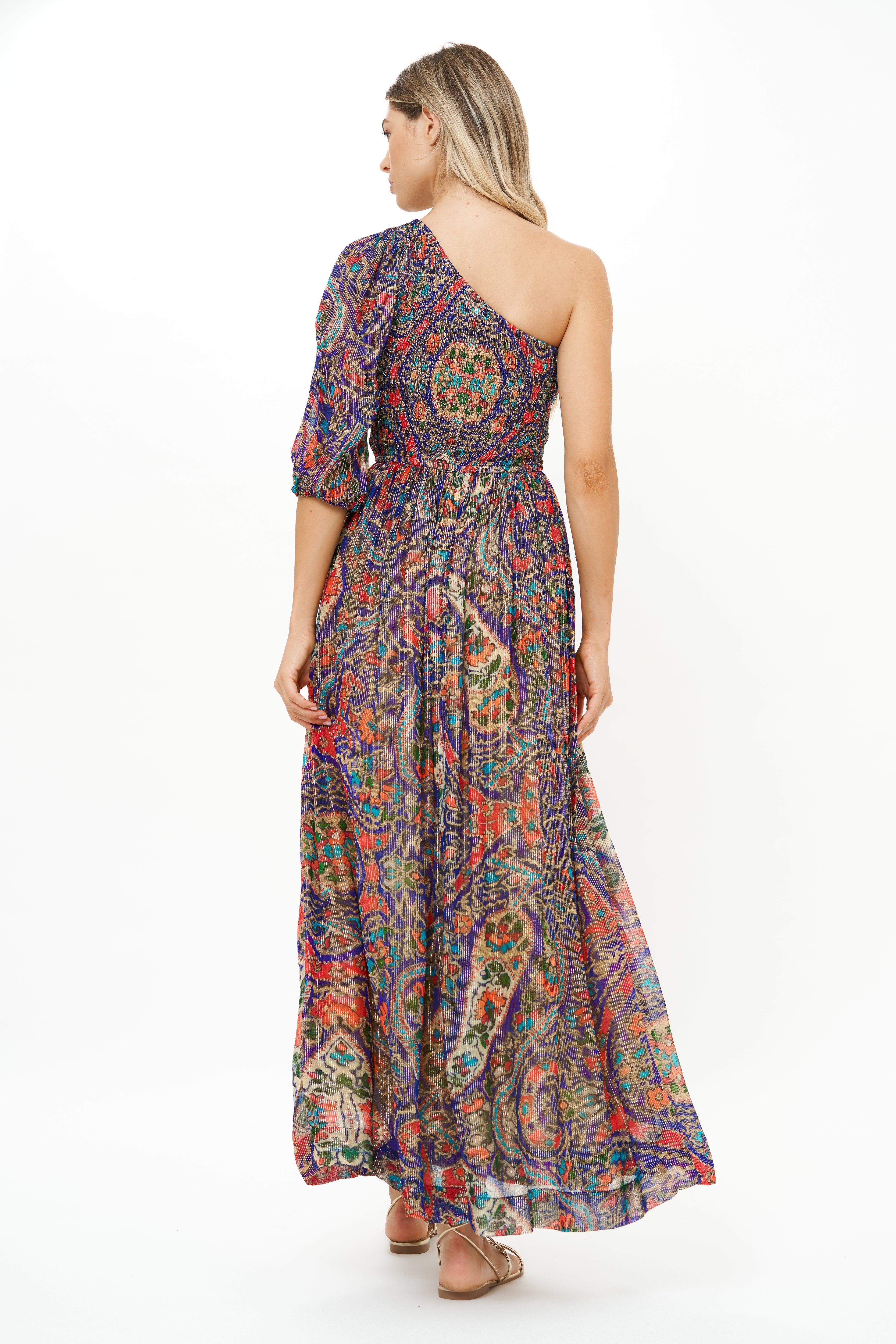 Puff Sleeve One Shoulder Smocked Maxi- Persia Cobalt