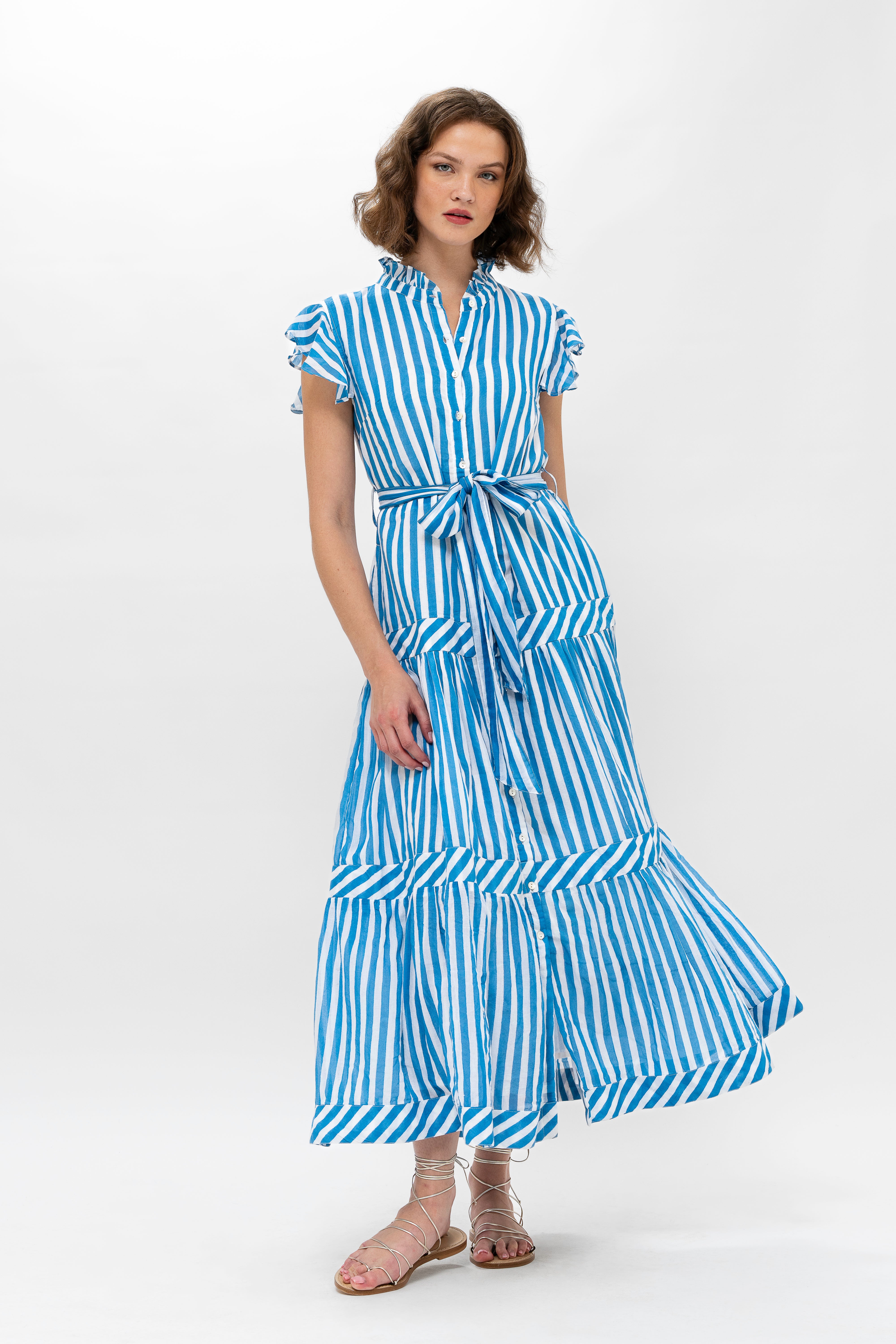 Ruffle Collar Button Maxi- Playa Blue