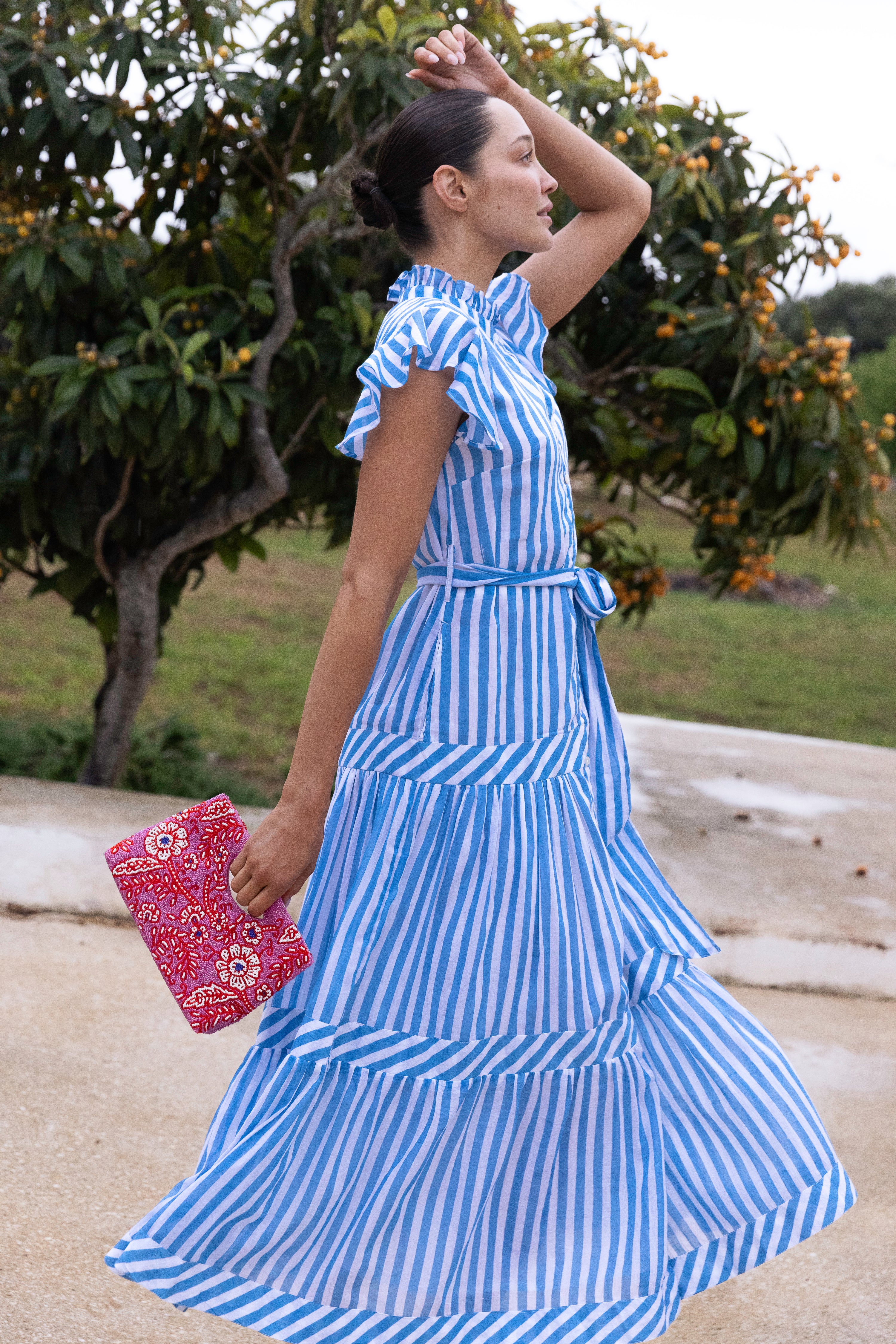 Ruffle Collar Button Maxi- Playa Blue