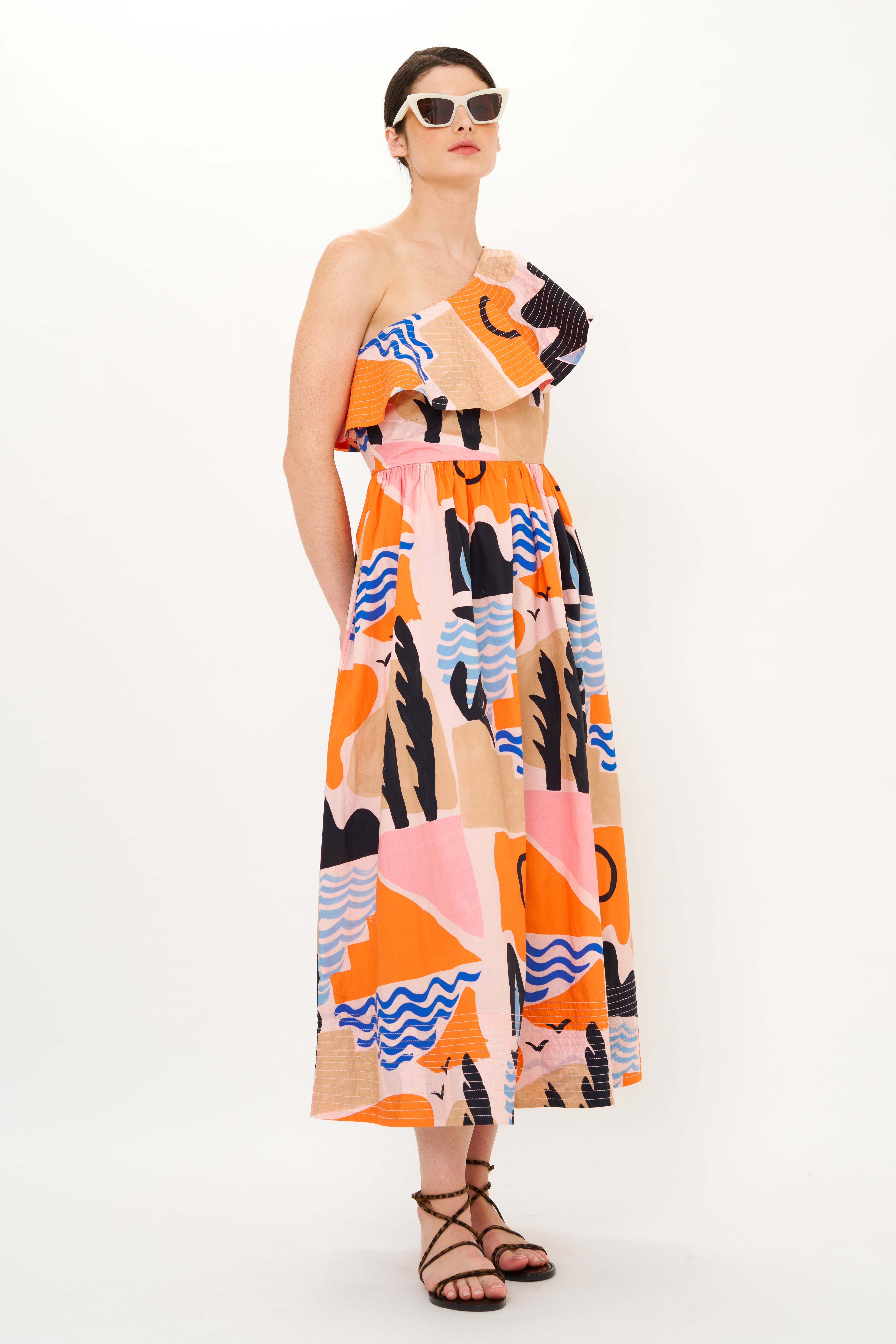 One Shoulder Ruffle Maxi- Riviera Orange