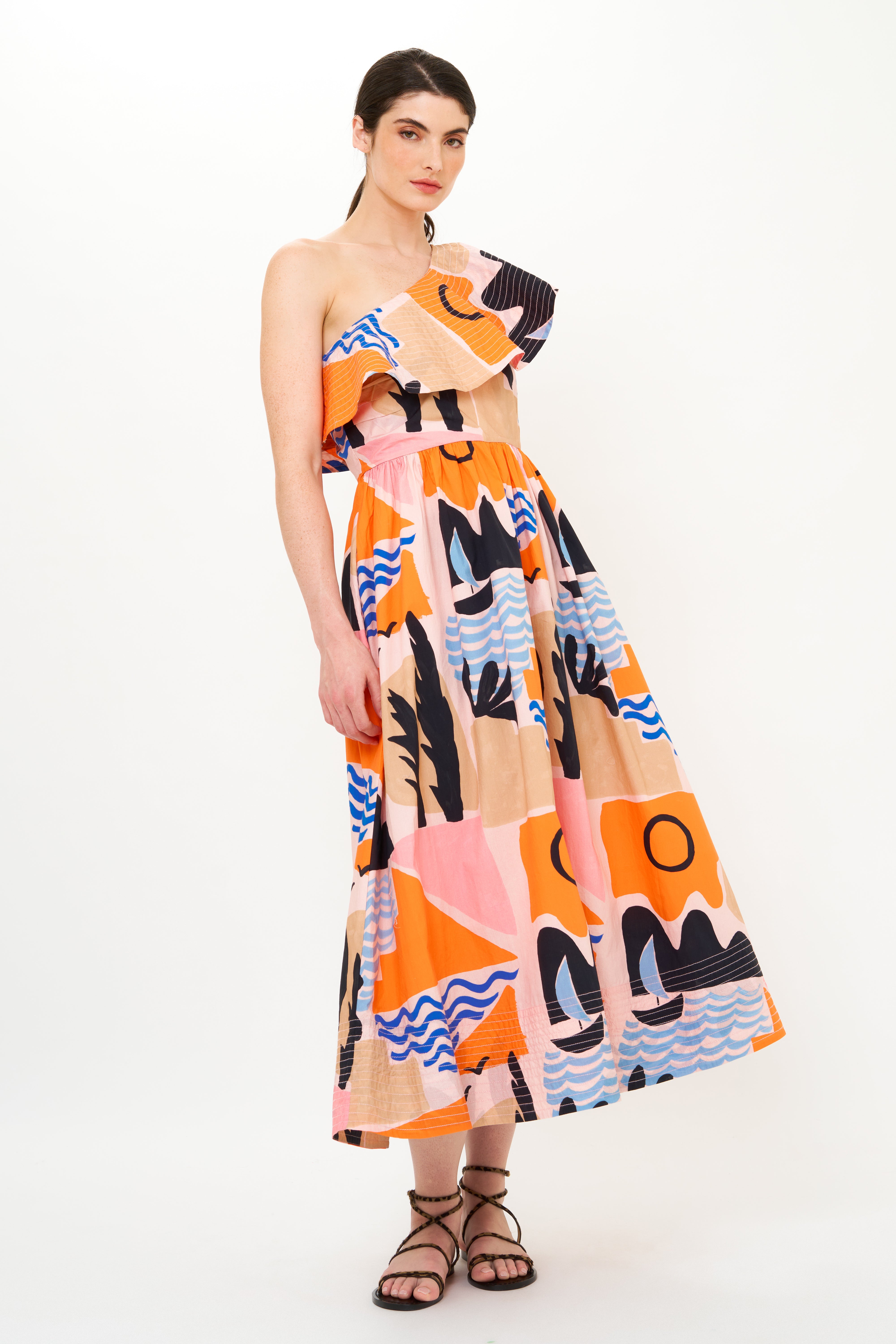 One Shoulder Ruffle Maxi- Riviera Orange