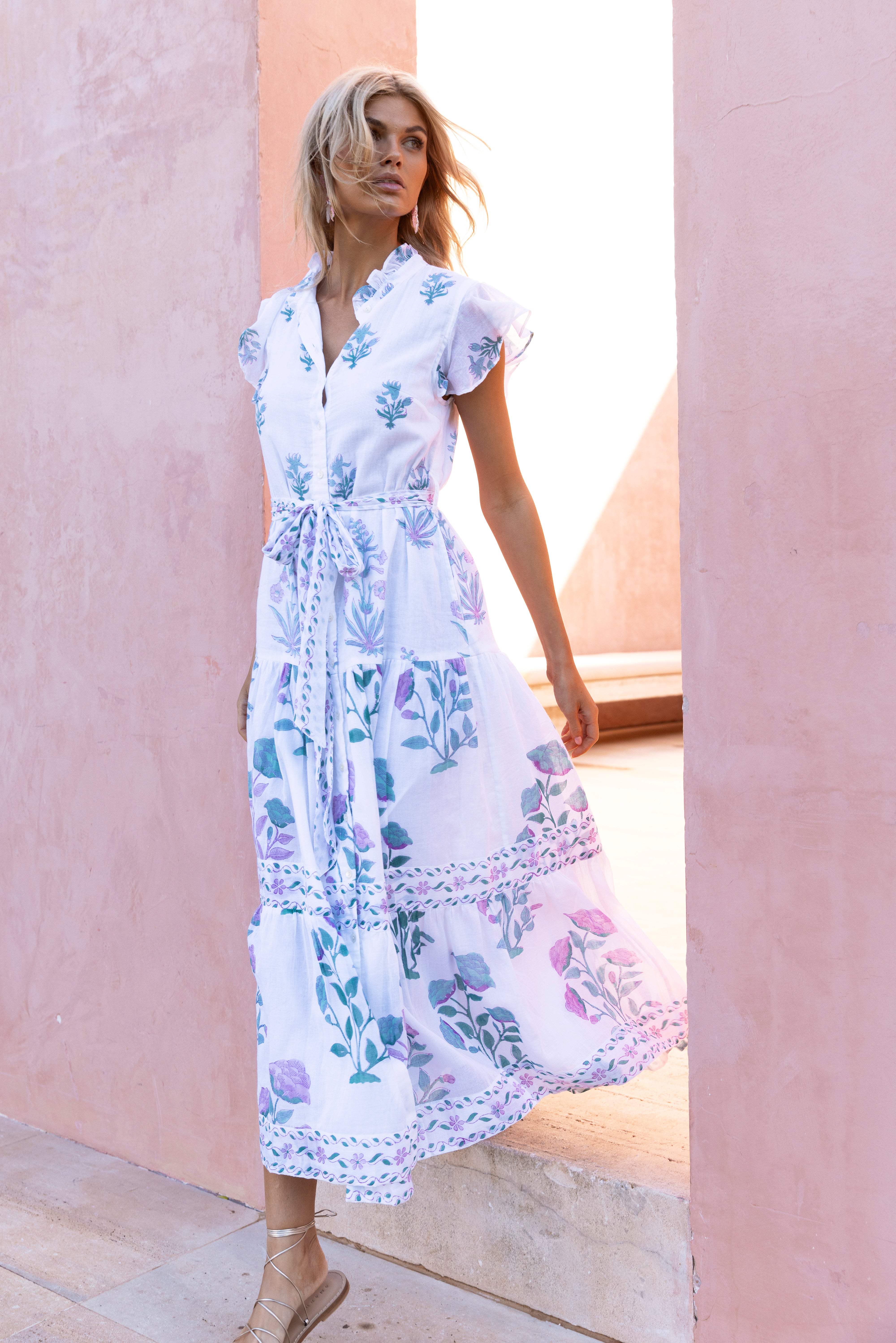 Ruffle Collar Button Maxi- Paladio Teal