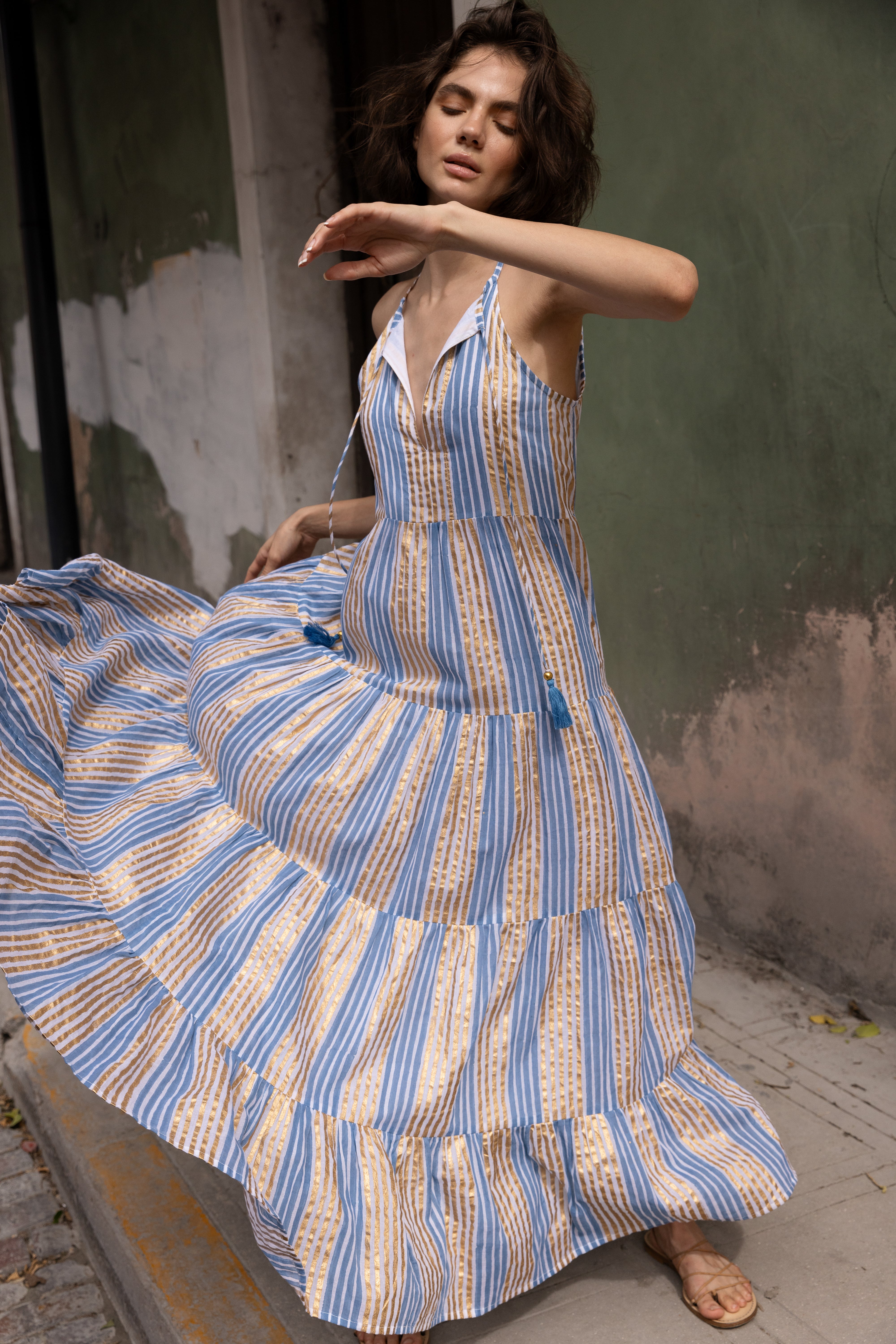 Long Tiered Tassel Dress- Samoa Blue Gold