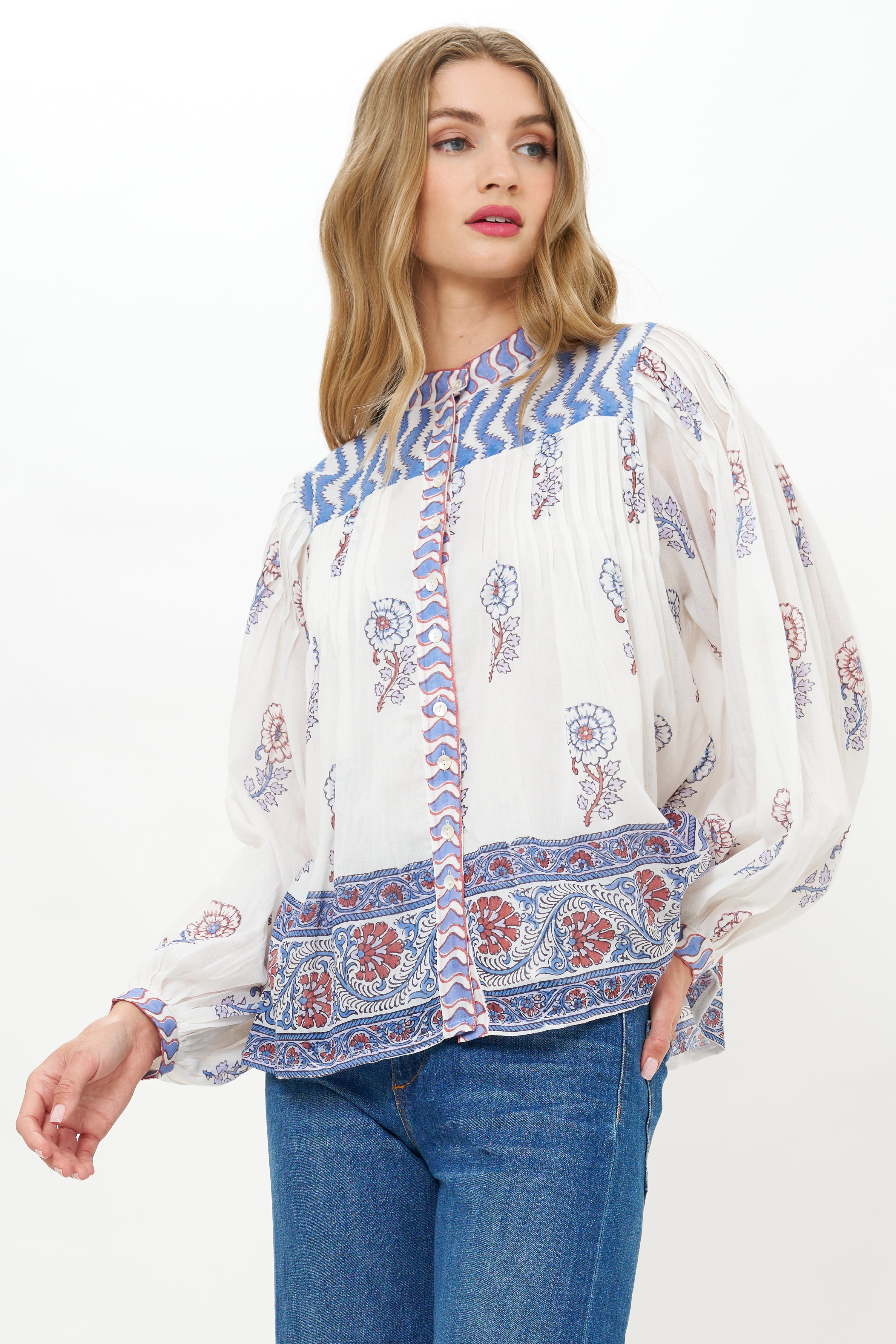 Mandarin Pintuck Blouse- Sierra Blue