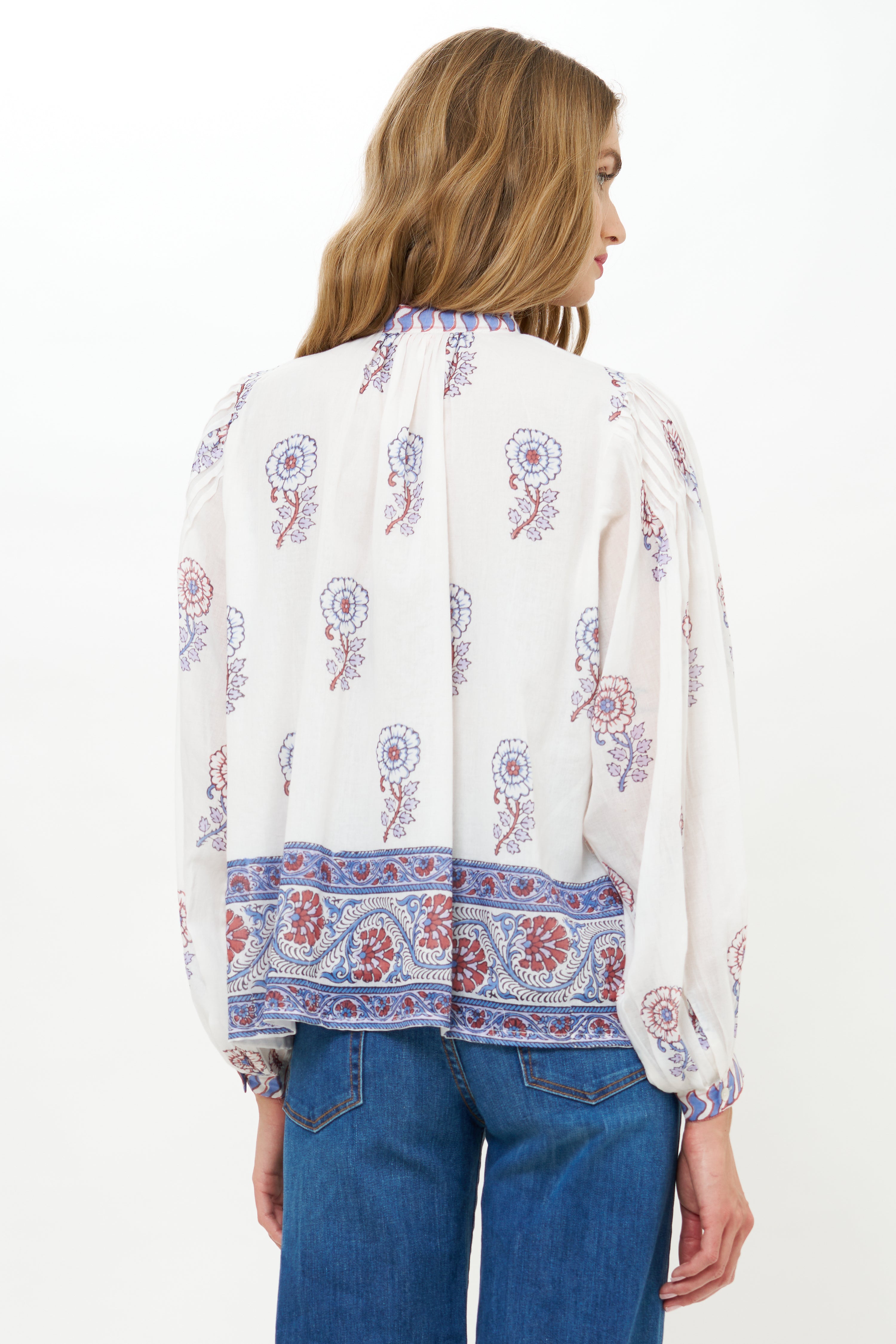 Mandarin Pintuck Blouse- Sierra Blue