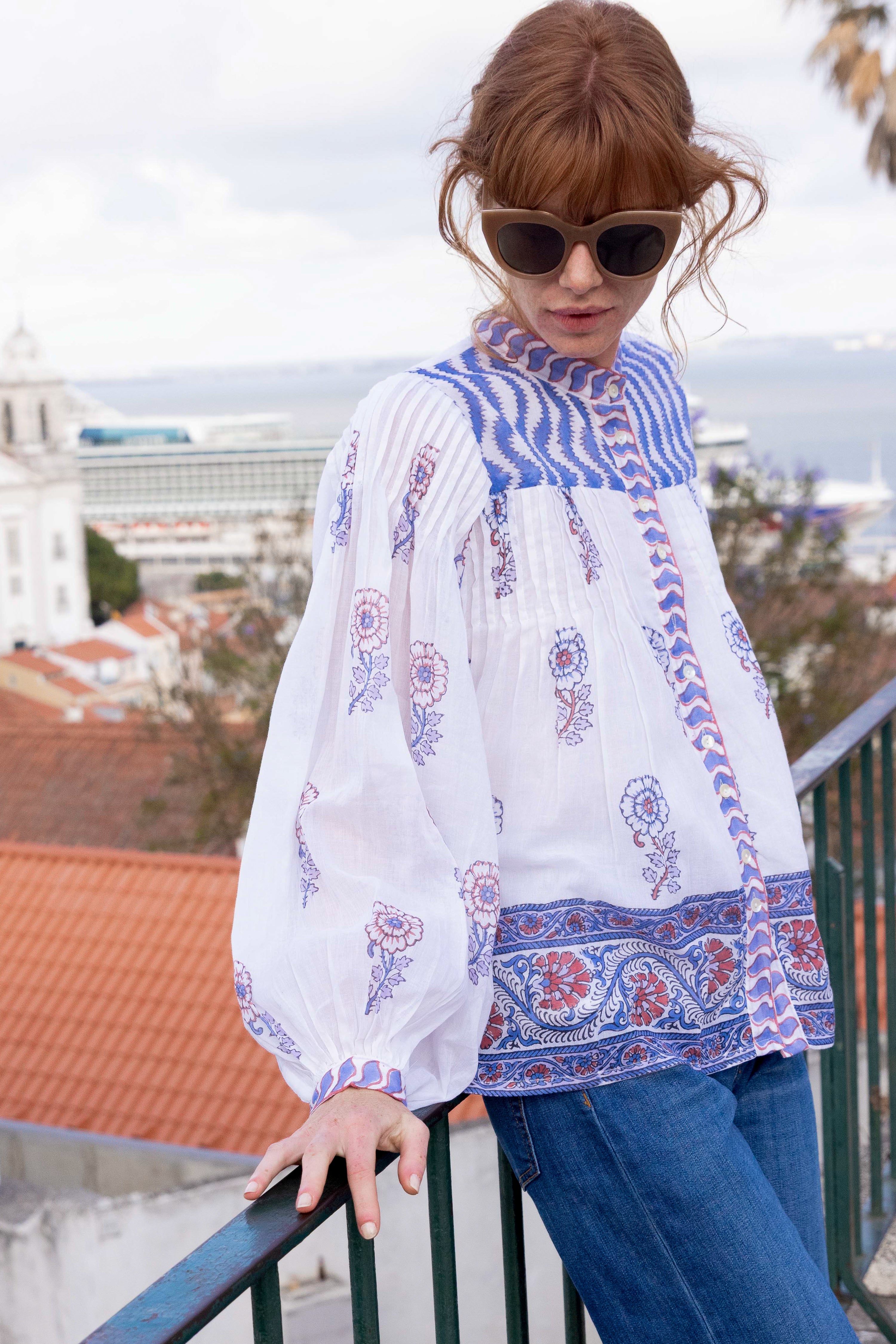 Mandarin Pintuck Blouse- Sierra Blue