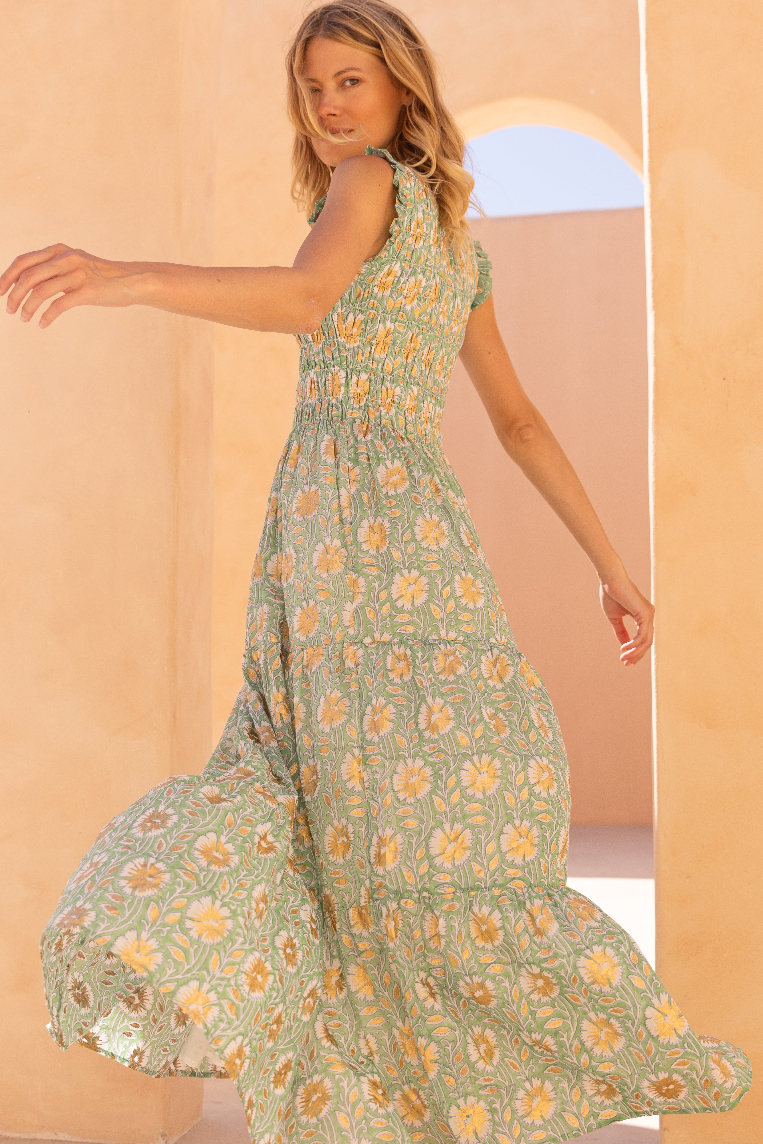 Sleeveless Smocked Maxi- Mughal Green