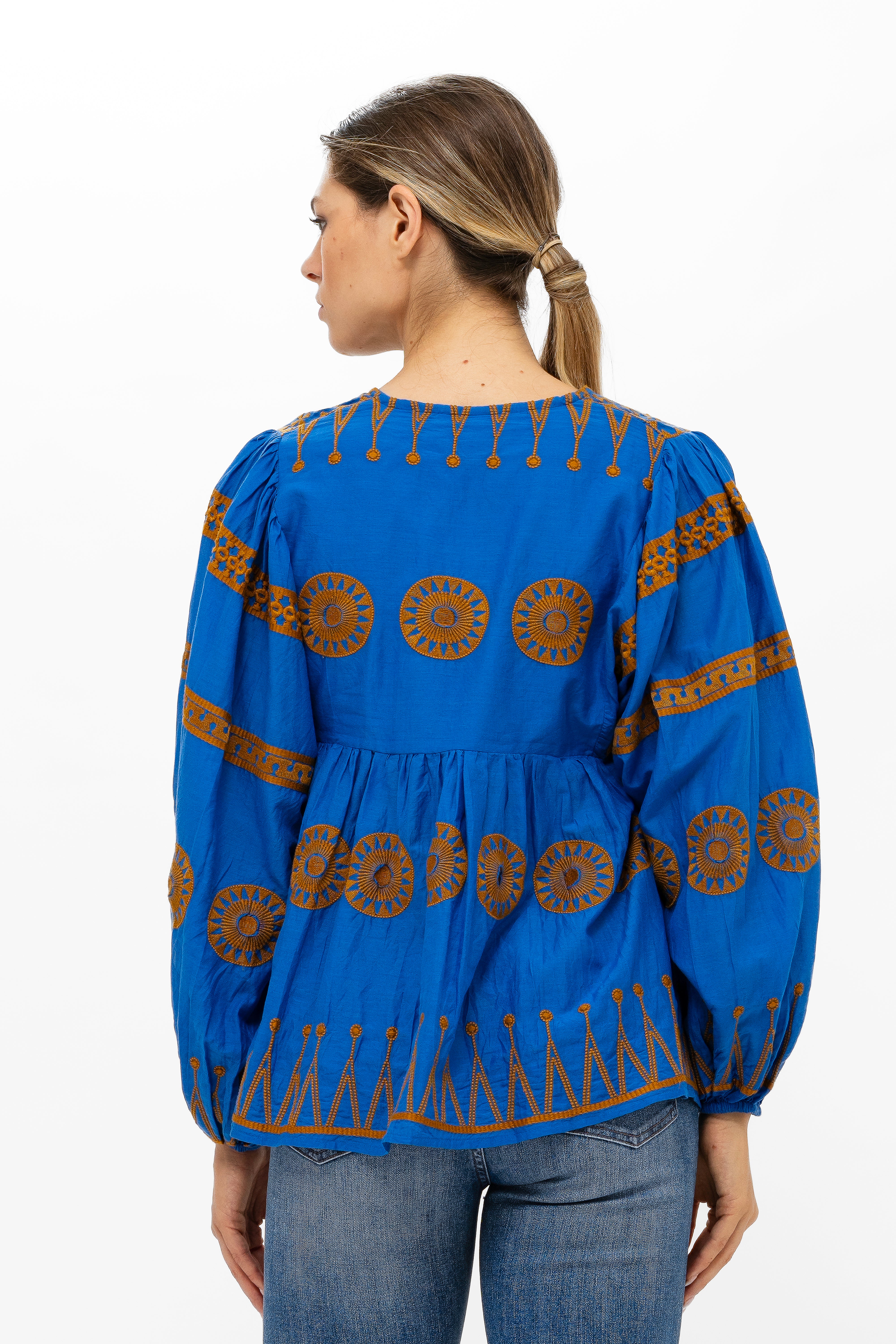 Mandarin Balloon Sleeve Top- Soleil Blue