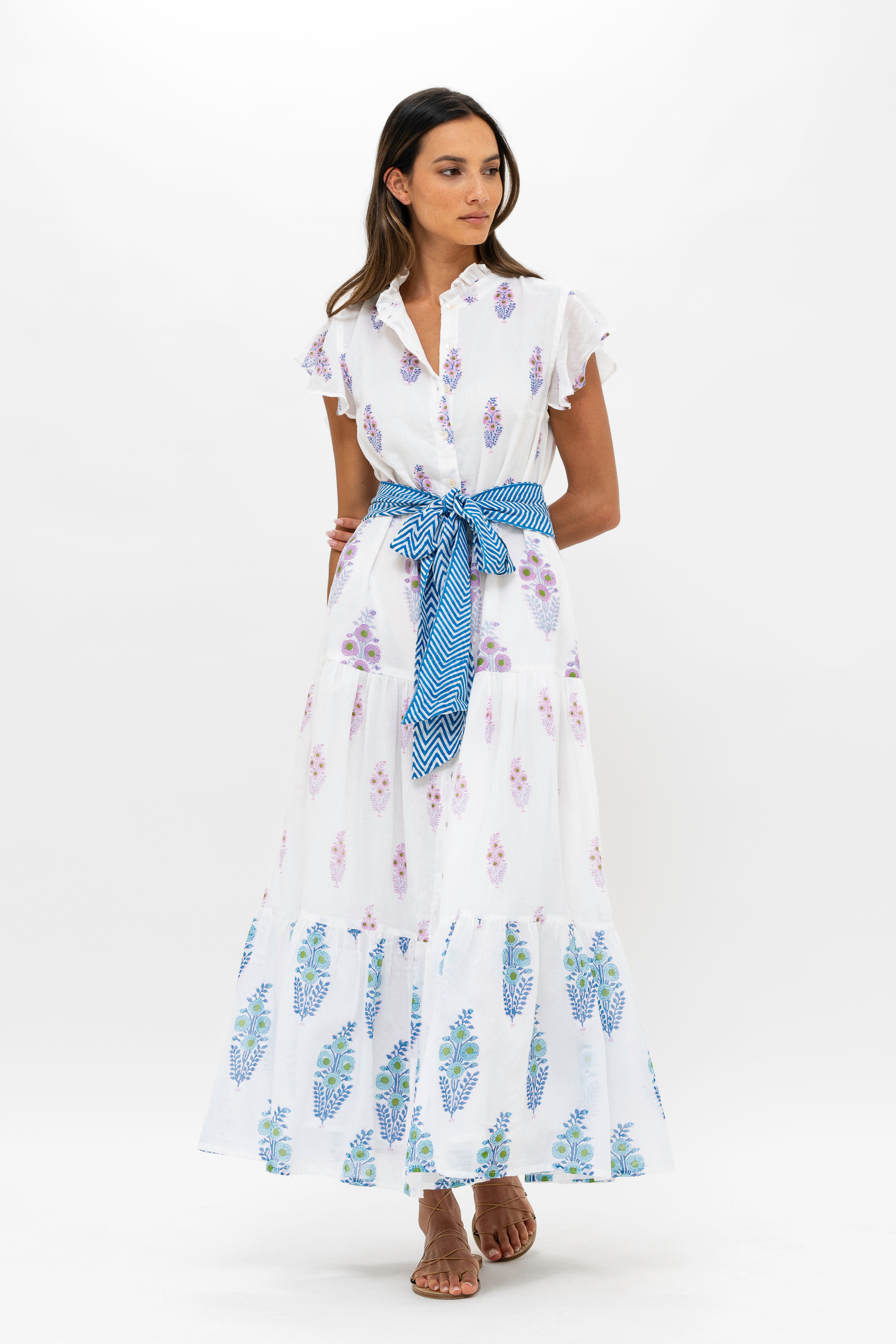Ruffle Collar Button Maxi- Tavira Blue