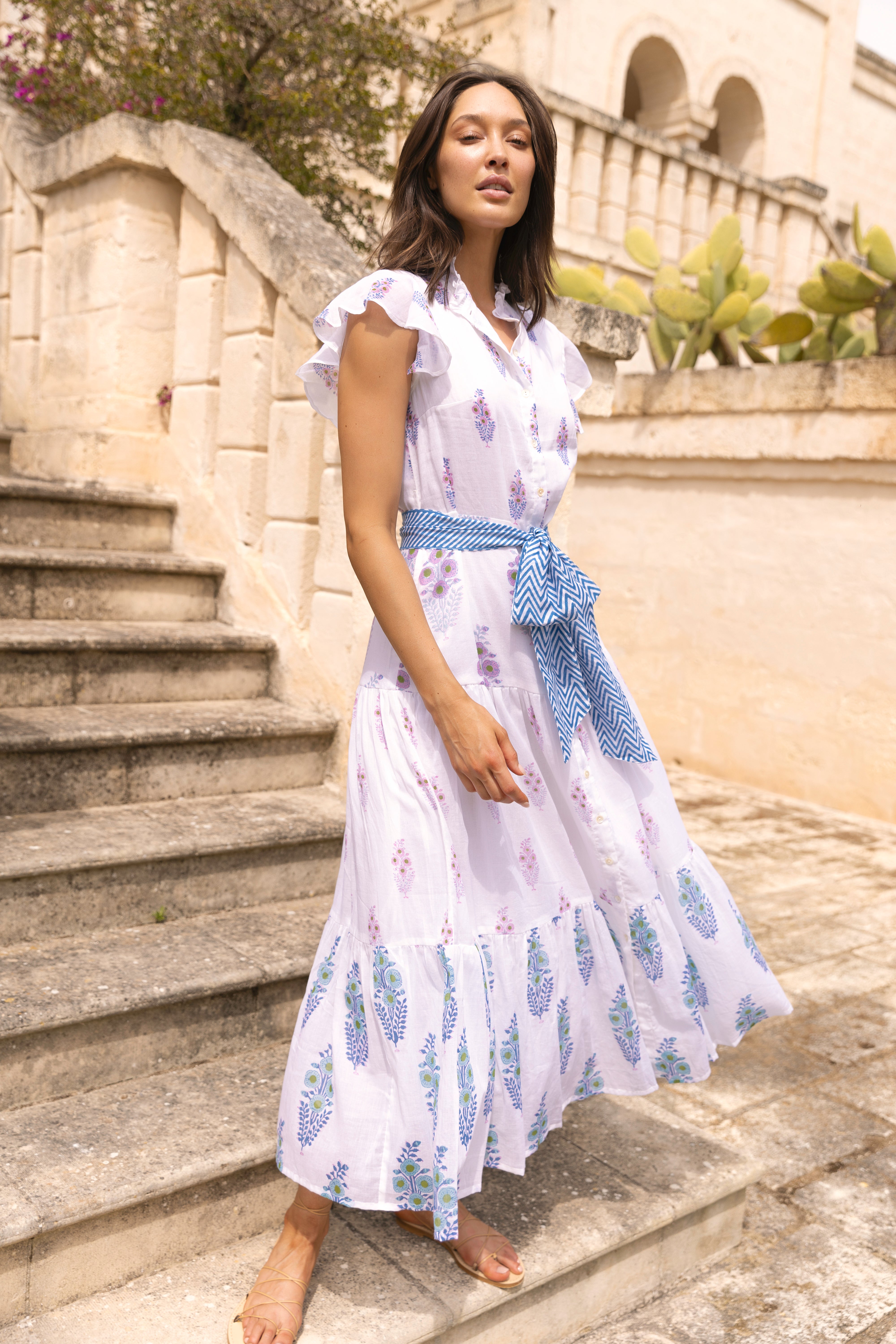 Ruffle Collar Button Maxi- Tavira Blue