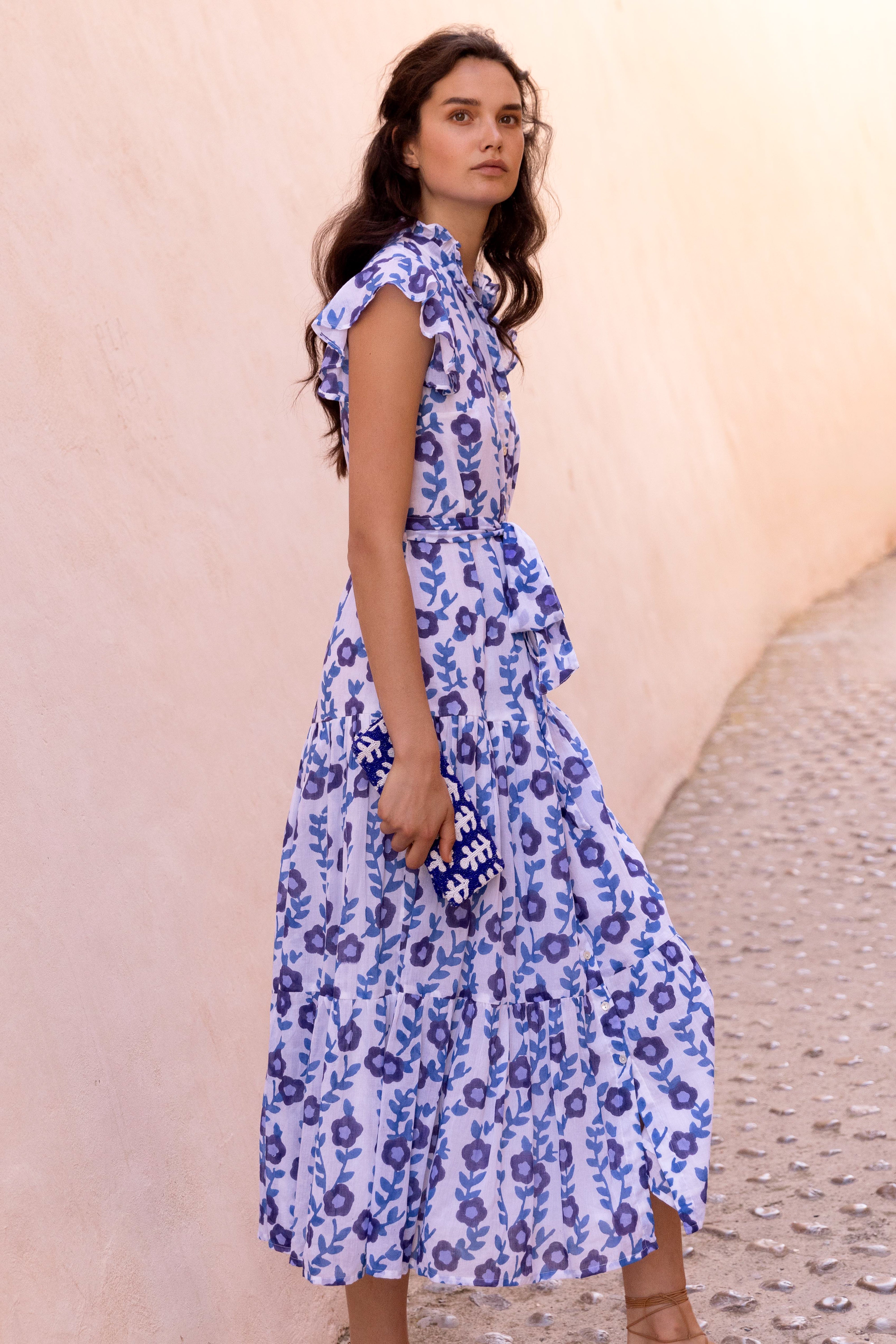 Ruffle Collar Button Maxi- Toscana Blue