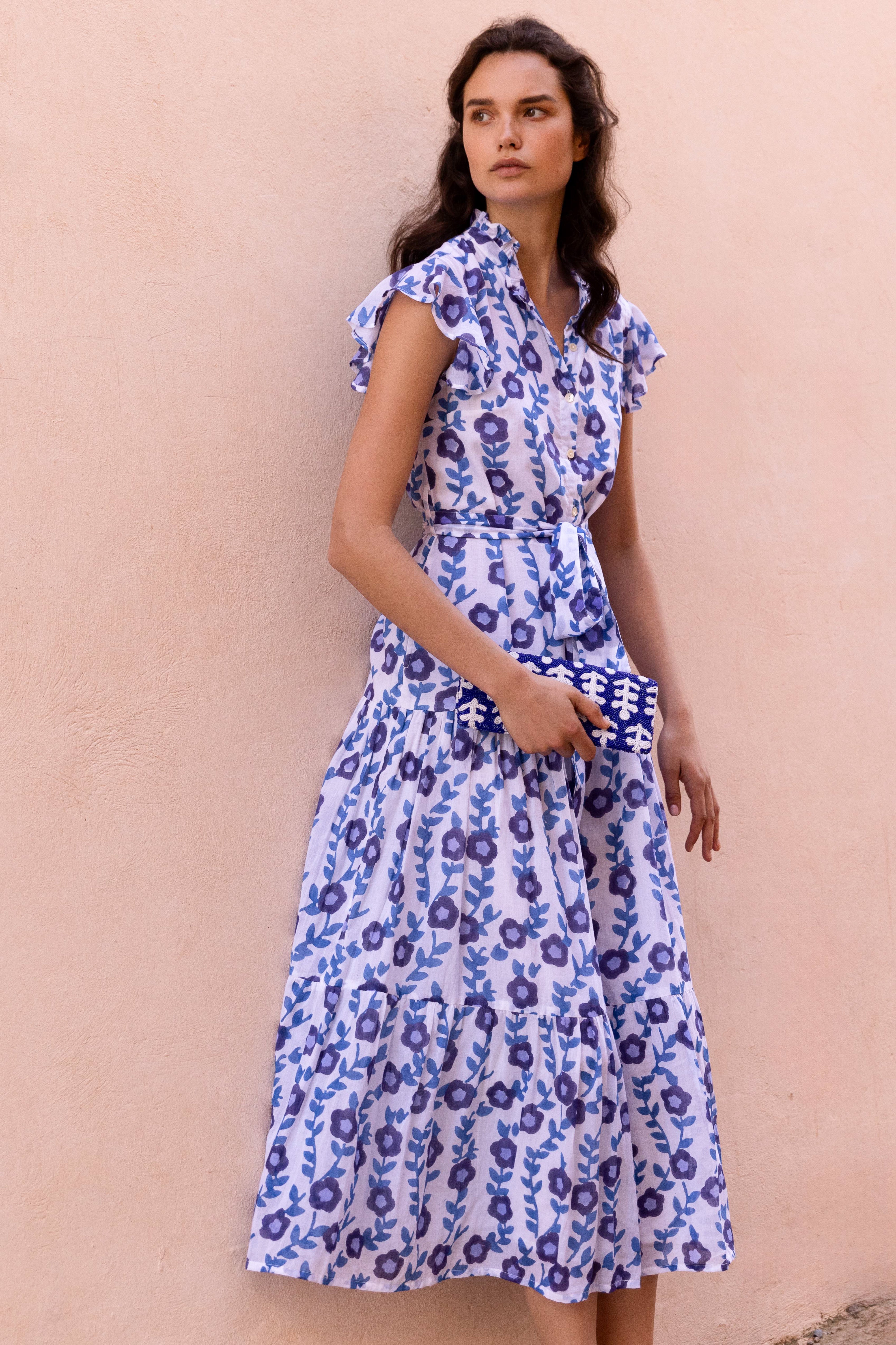 Ruffle Collar Button Maxi- Toscana Blue