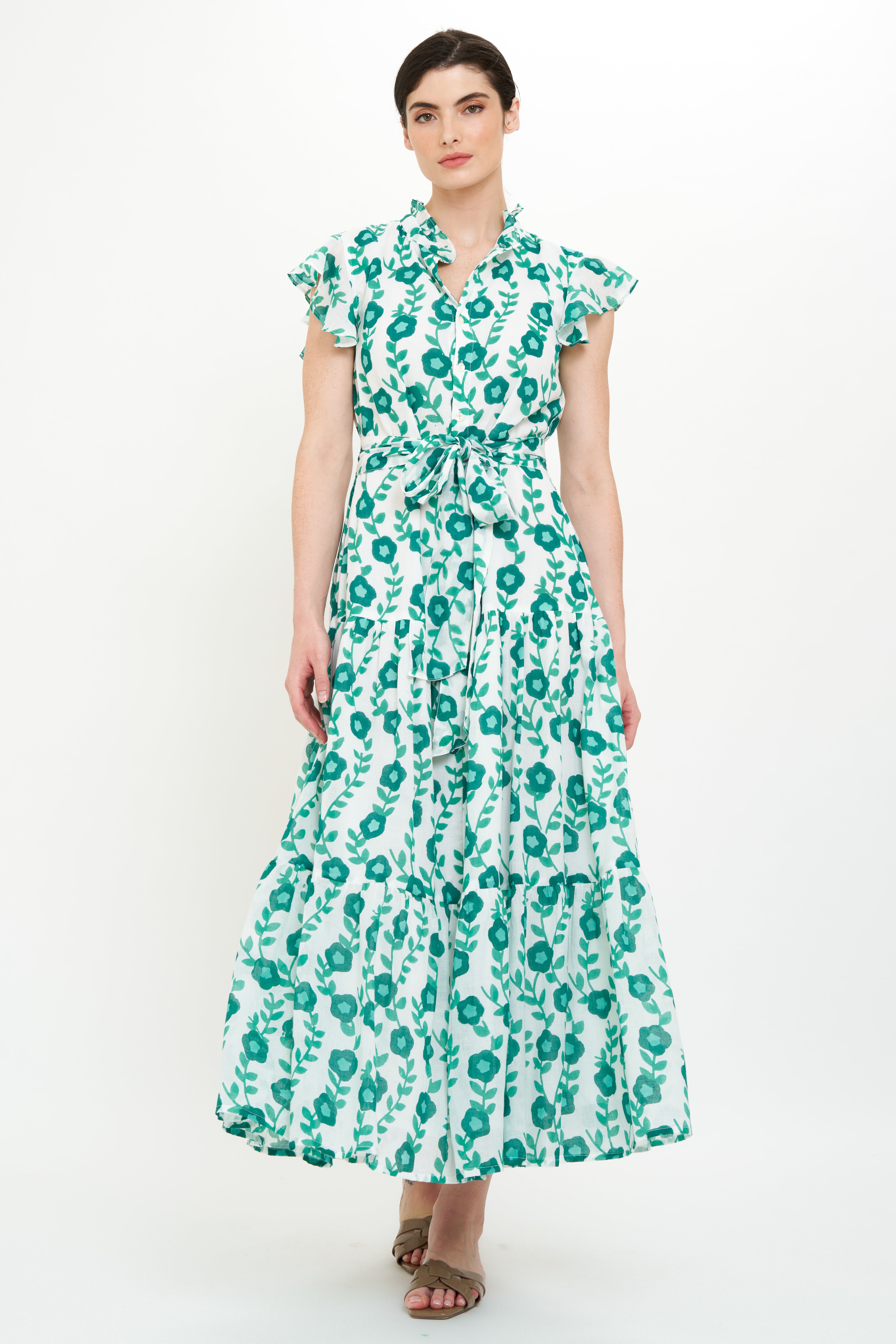 Ruffle Collar Button Maxi- Toscana Green