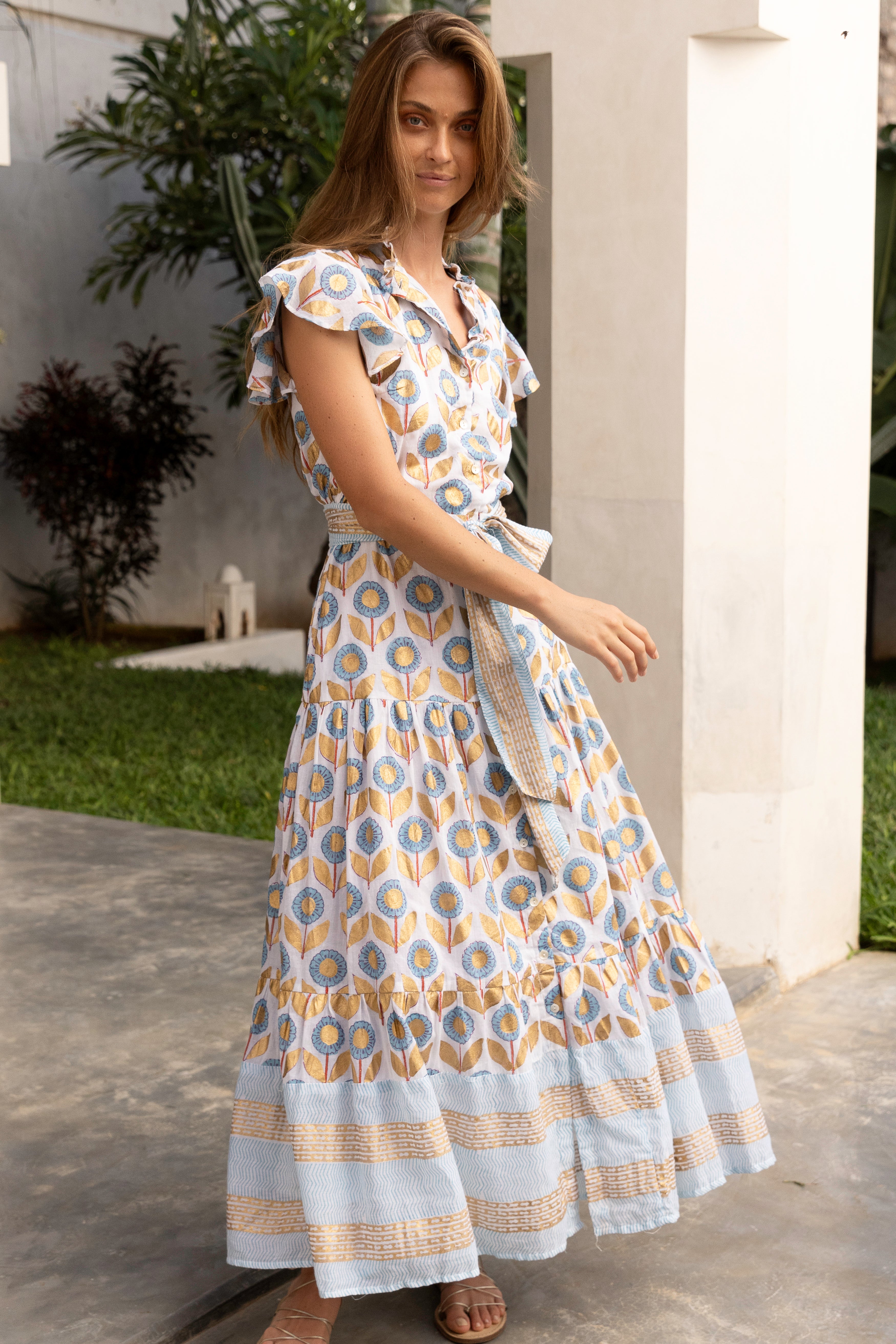 Ruffle Collar Button Maxi- Touraine Blue