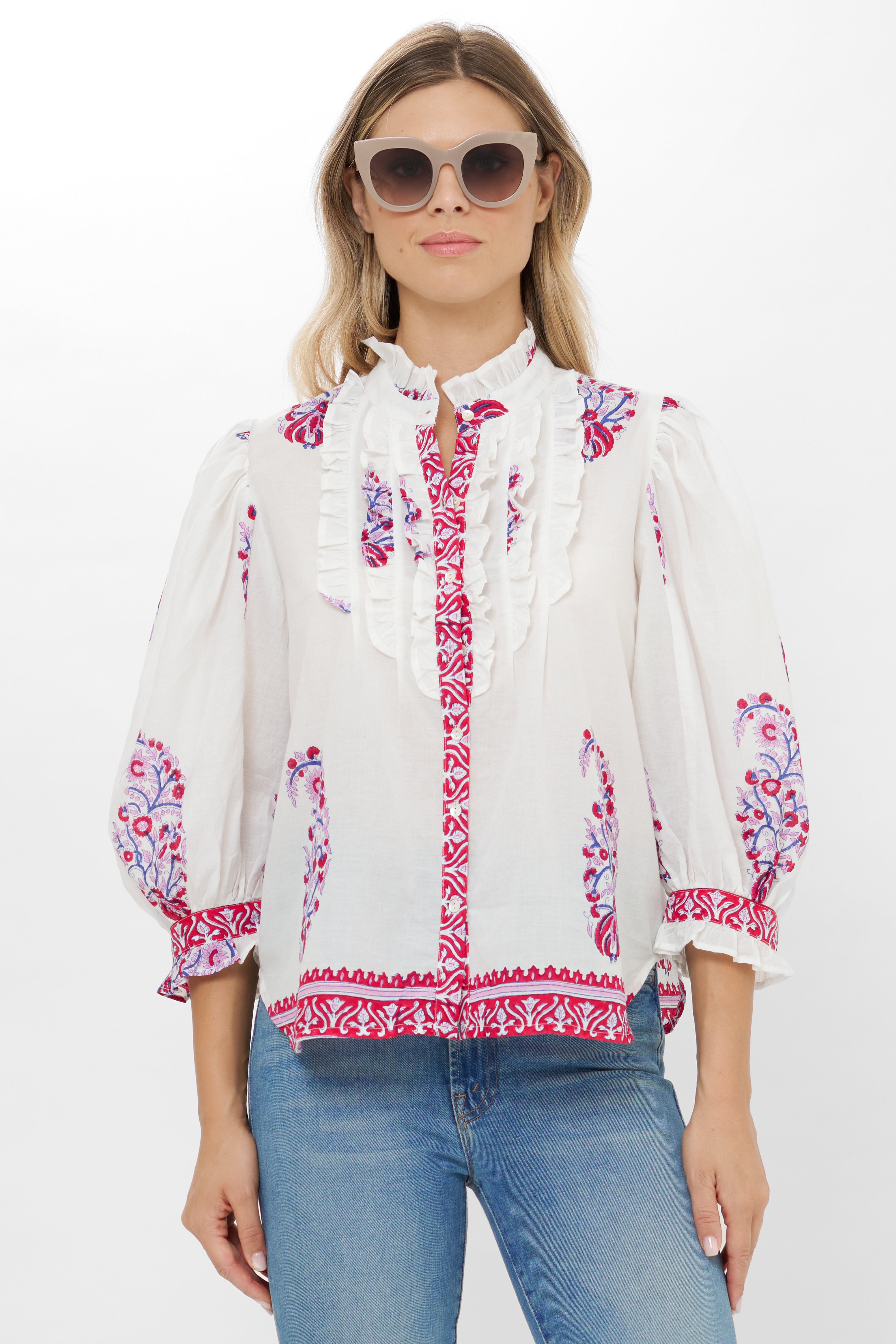 Ruffle Front Button Blouse- Verna Red