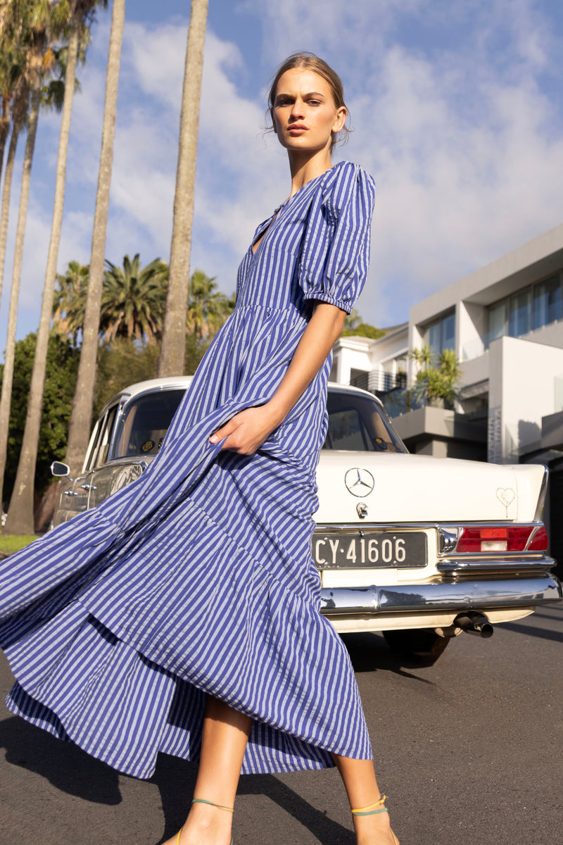 Puff Sleeve Maxi- Cabana Cobalt