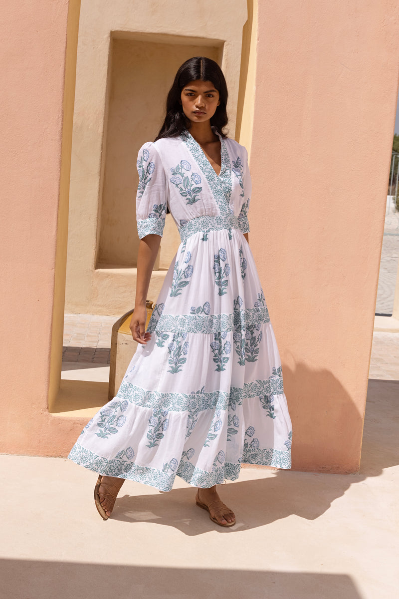 V-Neck Cuffed Maxi- Salvia Green