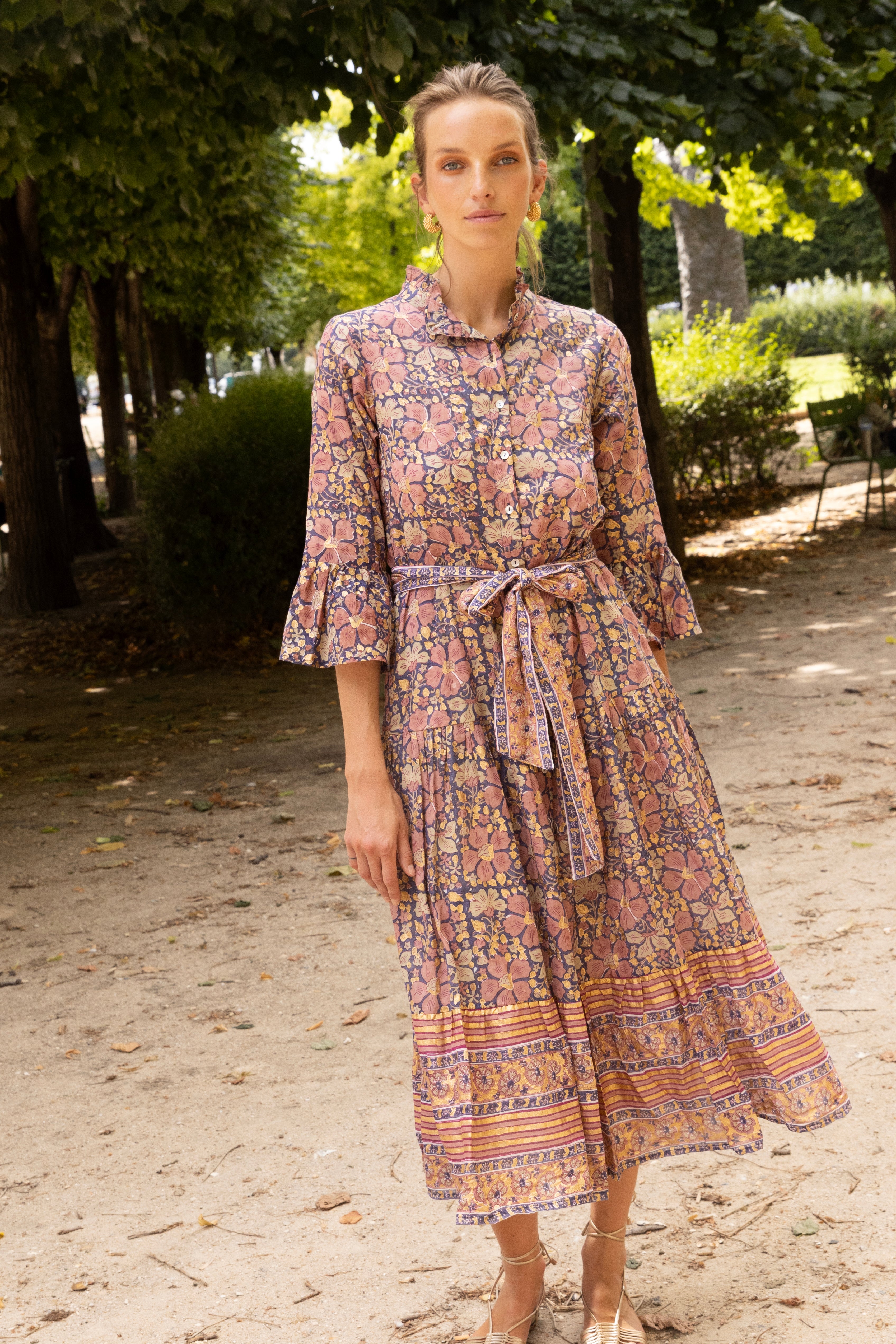 Ruffle Collar Bell Maxi- Matera Navy