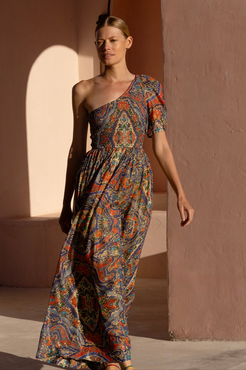 Puff Sleeve One Shoulder Smocked Maxi- Persia Cobalt