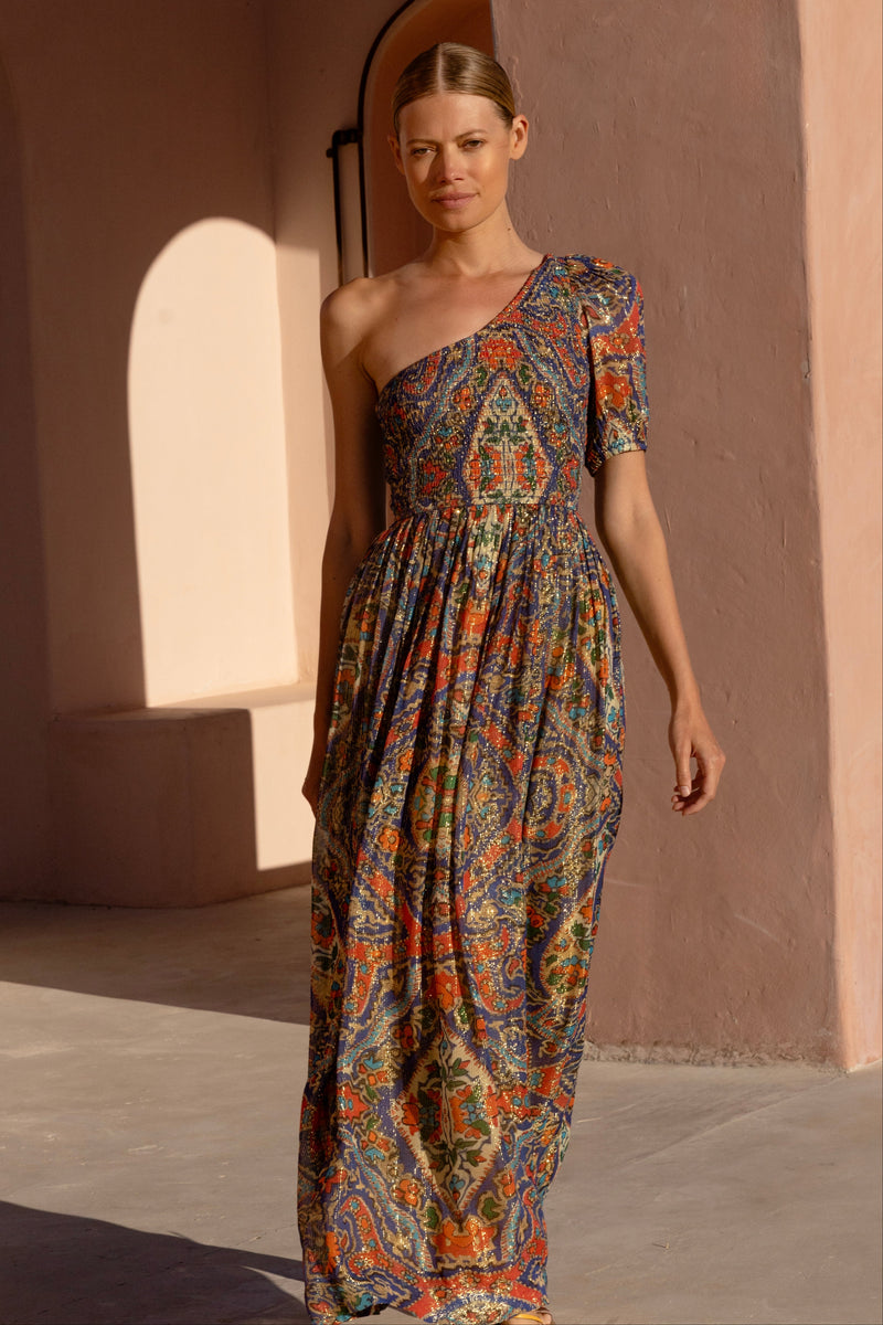 Puff Sleeve One Shoulder Smocked Maxi- Persia Cobalt