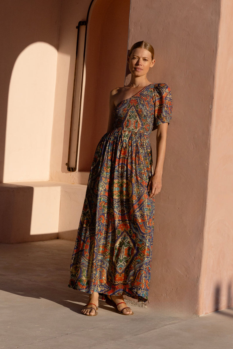 Puff Sleeve One Shoulder Smocked Maxi- Persia Cobalt