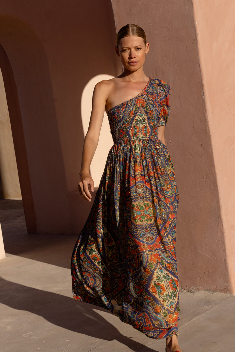 Puff Sleeve One Shoulder Smocked Maxi- Persia Cobalt