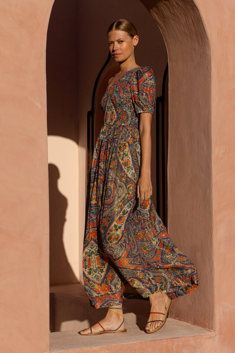 Puff Sleeve One Shoulder Smocked Maxi- Persia Cobalt