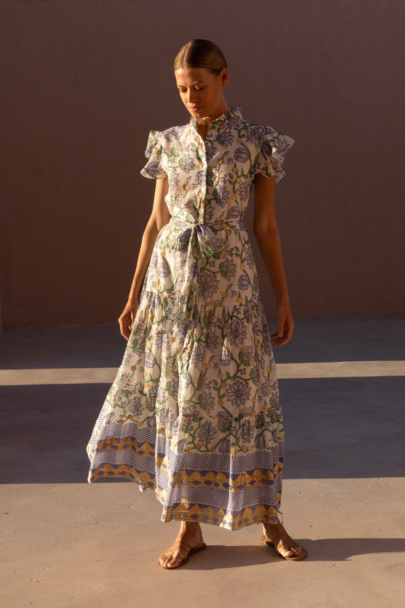 Ruffle Collar Button Maxi- Presidio Blue