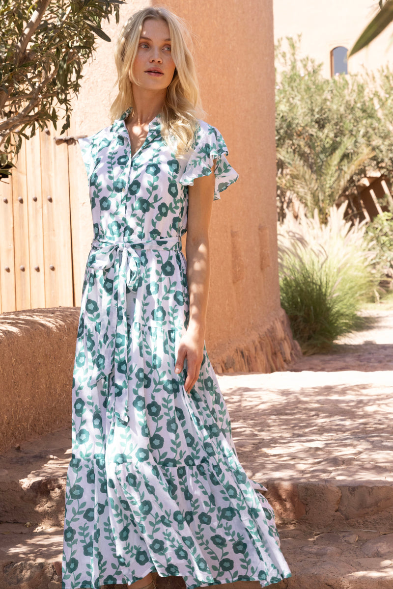 Ruffle Collar Button Maxi- Toscana Green