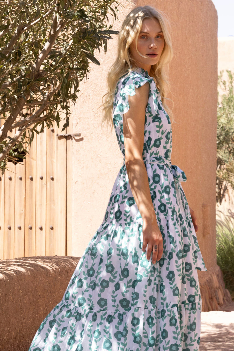 Ruffle Collar Button Maxi- Toscana Green