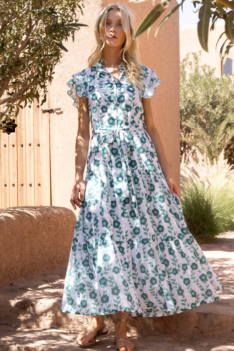 Ruffle Collar Button Maxi- Toscana Green