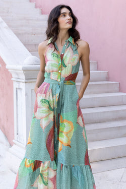 Sleeveless Shirt Dress Maxi- Hibiscus Sage