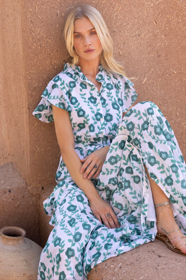 Ruffle Collar Button Maxi- Toscana Green
