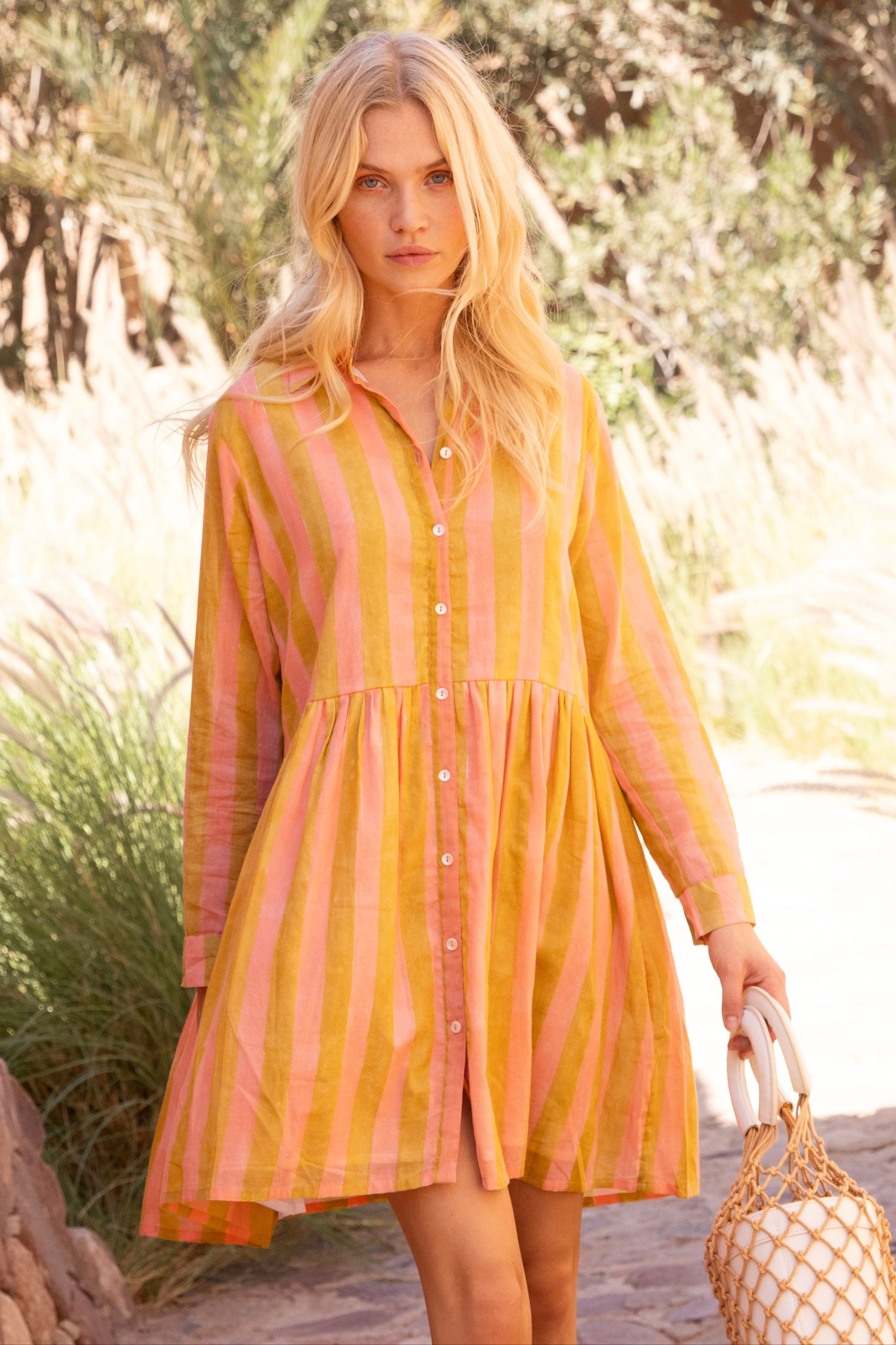 Long Sleeve Shirt Dress Mini- Cabana Coral
