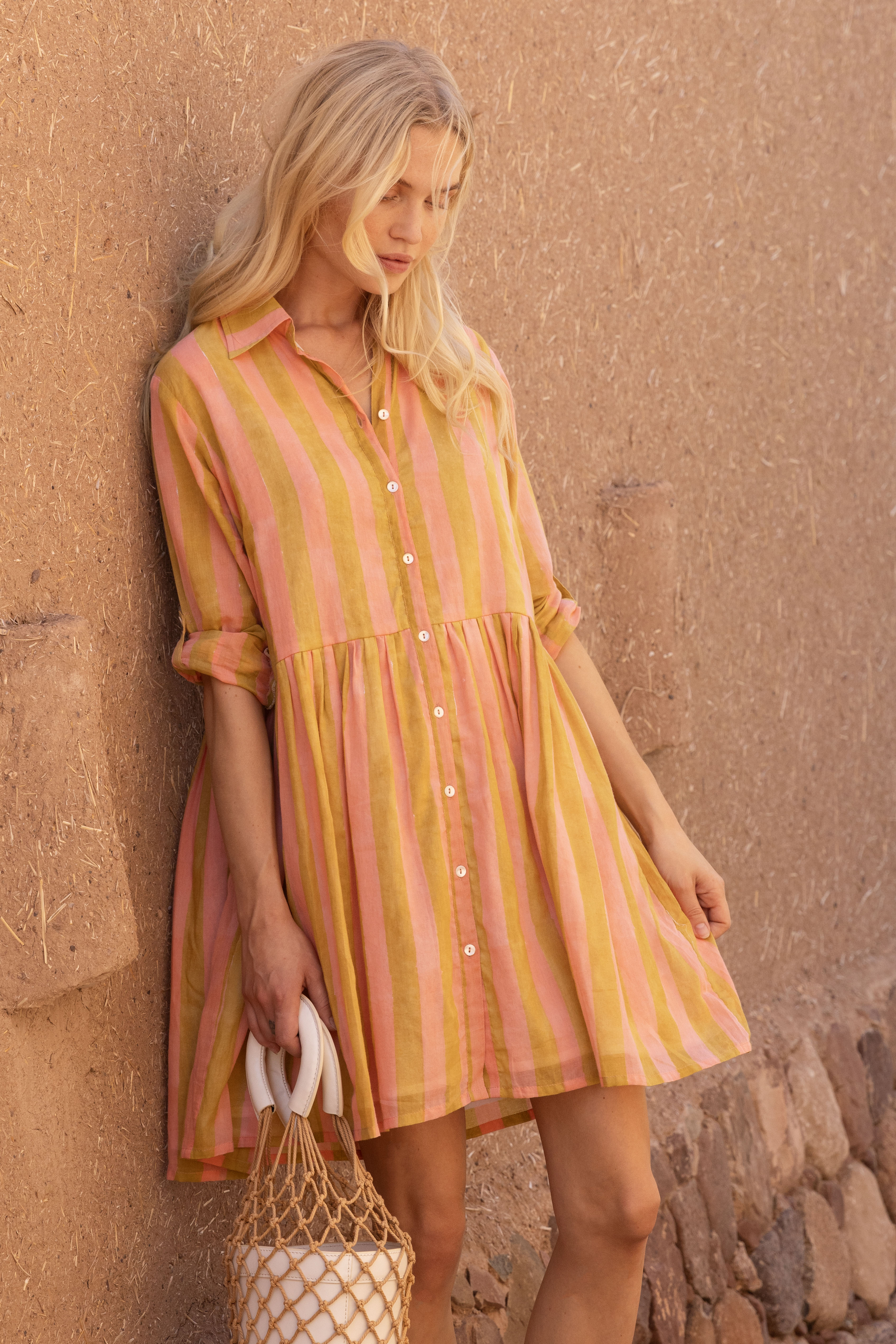 Long Sleeve Shirt Dress Mini- Cabana Coral