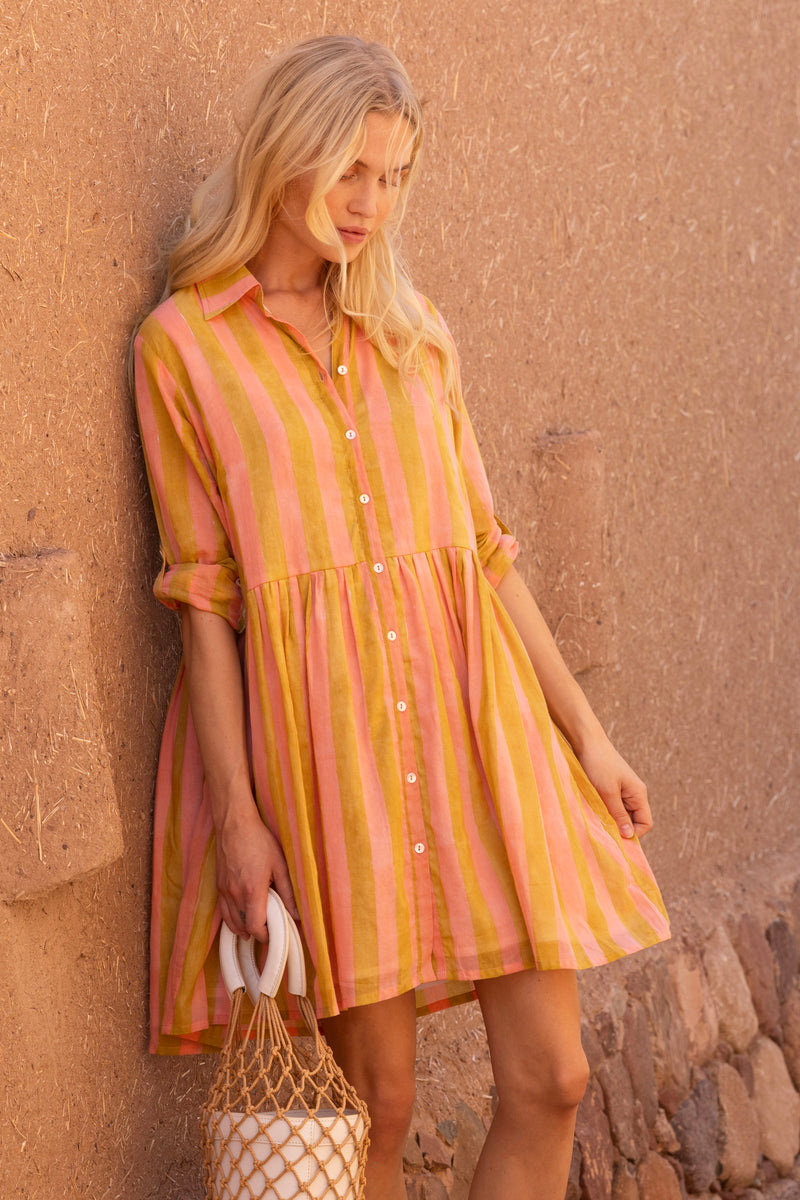 Long Sleeve Shirt Dress Mini- Cabana Coral