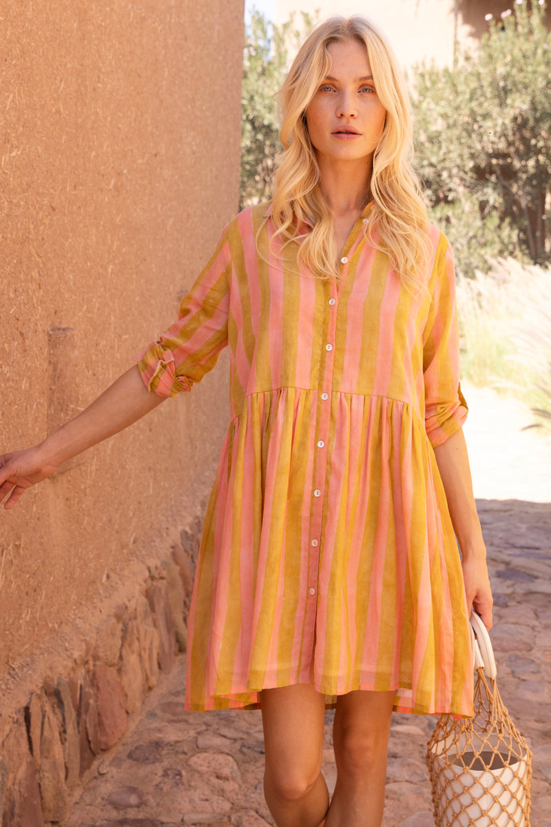 Long Sleeve Shirt Dress Mini- Cabana Coral