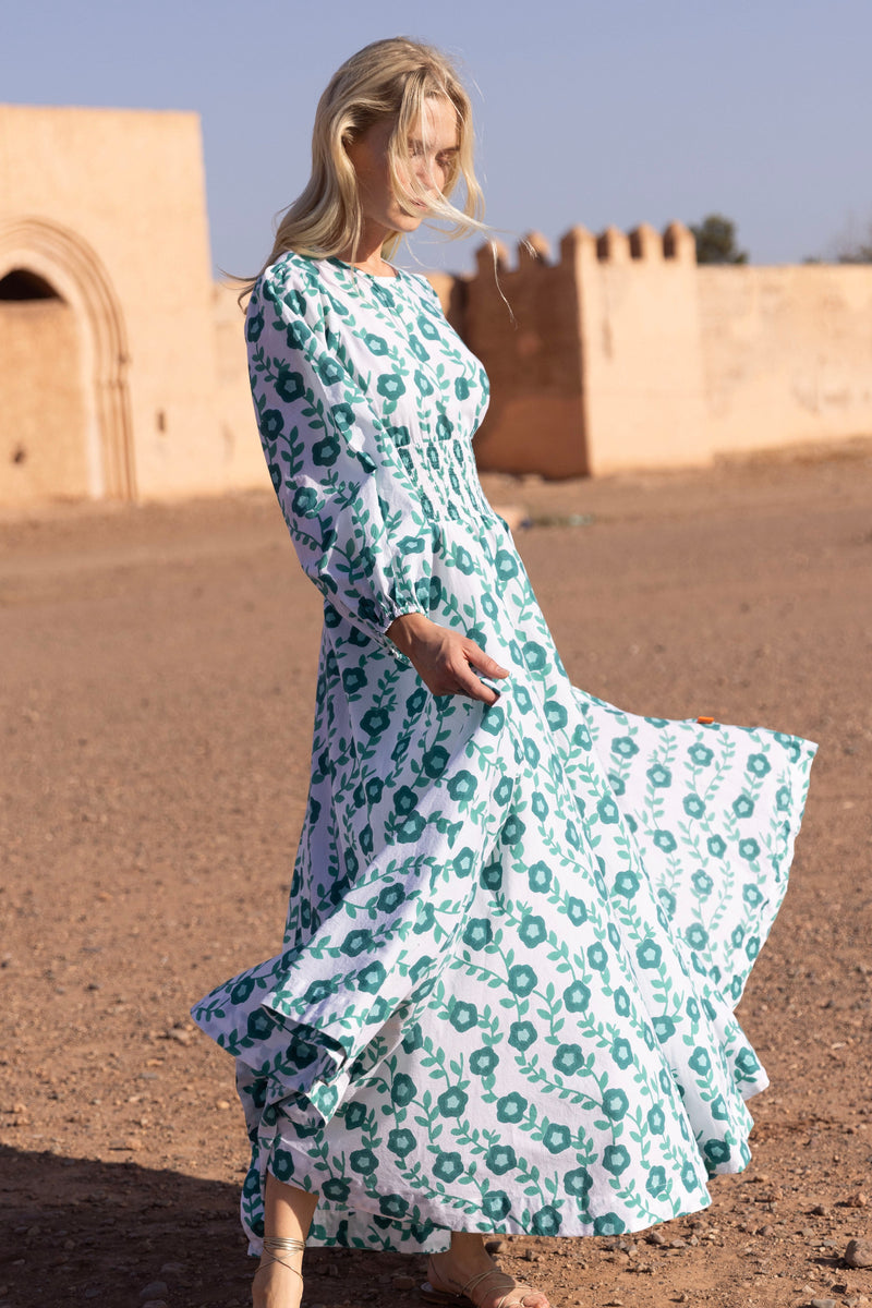 Crew Neck Smocked Waist Maxi- Toscana Green